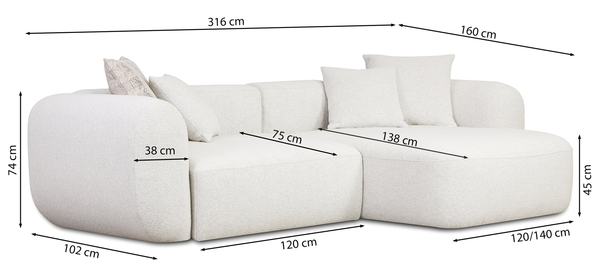 Rysunek wymiarowy - Narożnik modułowy Baomi z pufą lewostronny jasnobrązowy: szerokość 316 cm, głębokość 160 cm, wysokość 74 cm