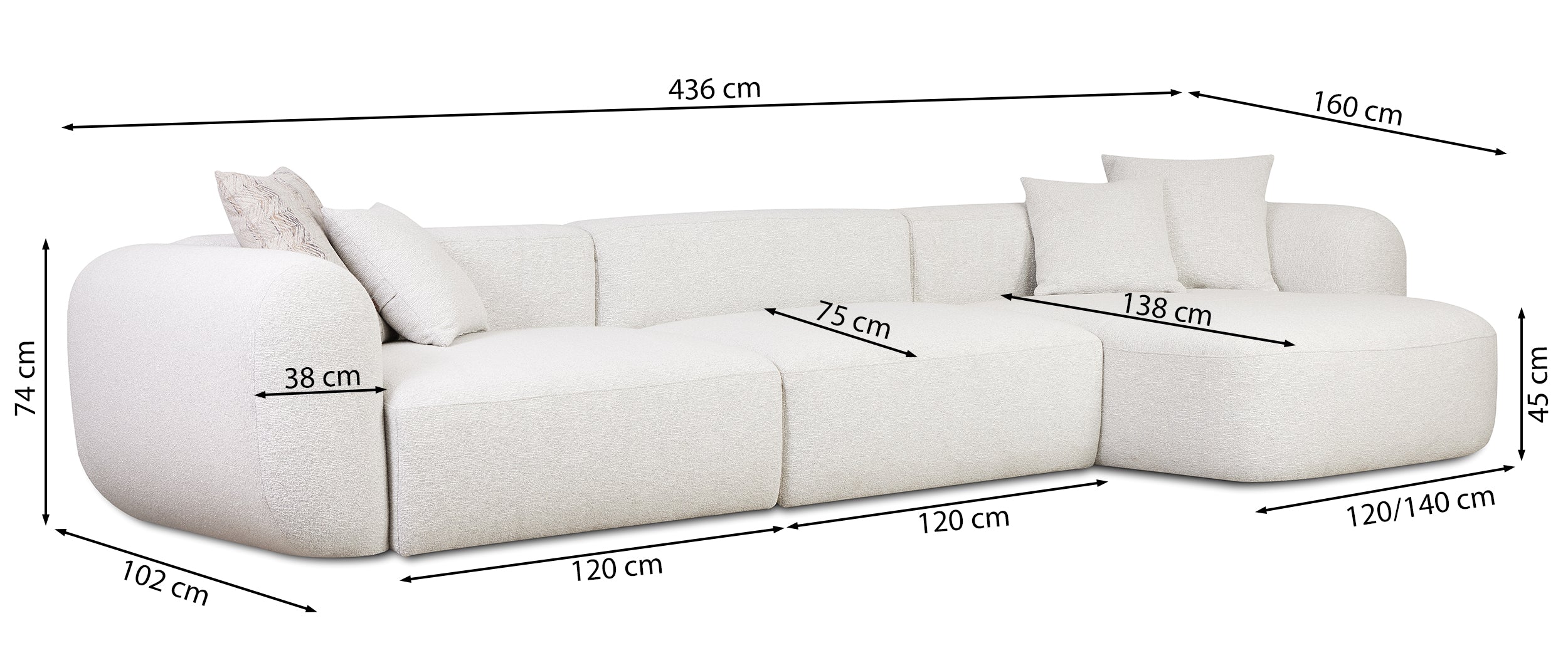 Rysunek wymiarowy - Narożnik modułowy Baomi duży lewostronny jasnobeżowy: szerokość 436 cm, głębokość 160 cm, wysokość 74 cm