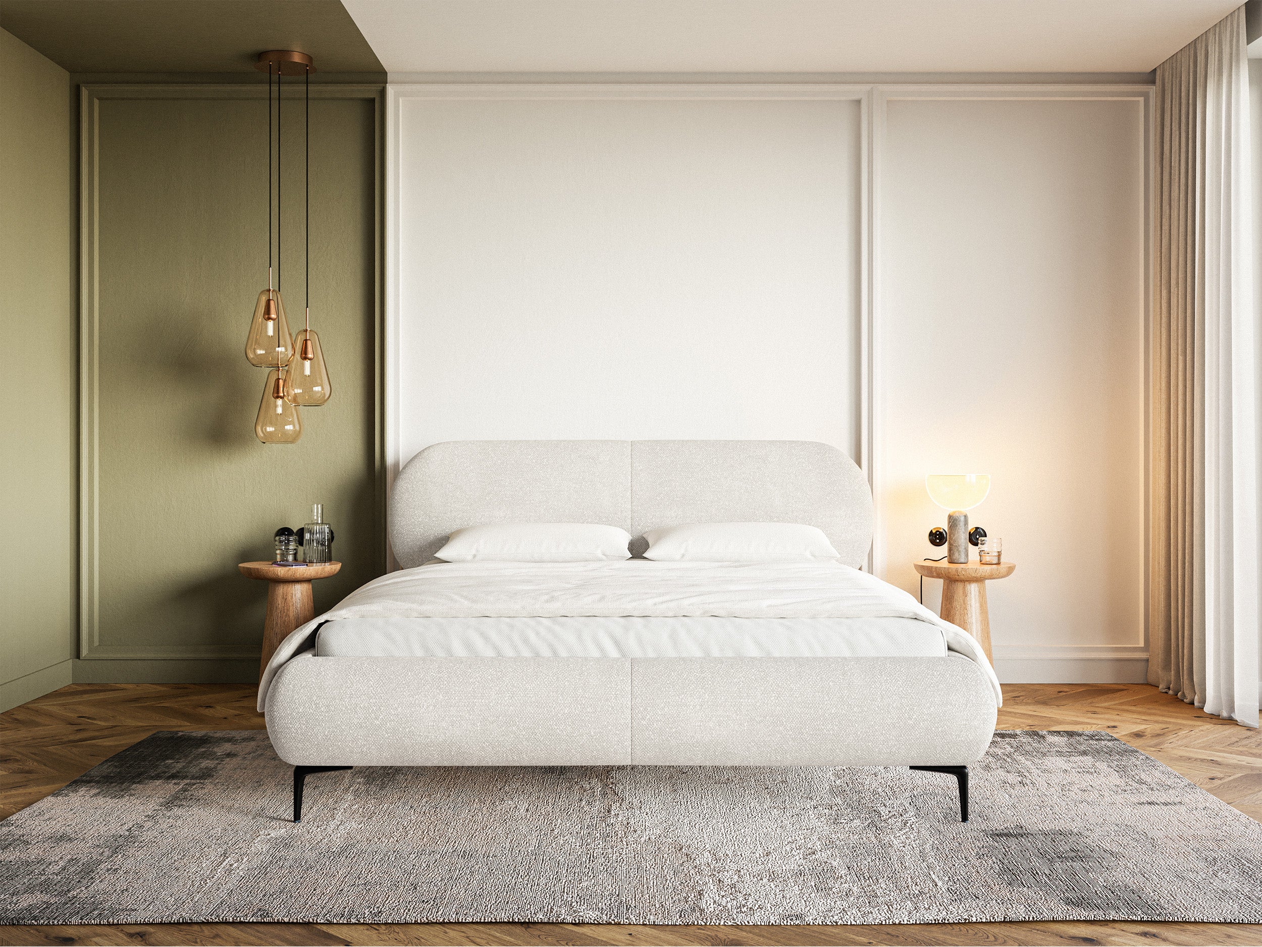 Łóżko Ovalle 160x200 cm kremowe szenil nóżki czarne w aranżacji sypialni