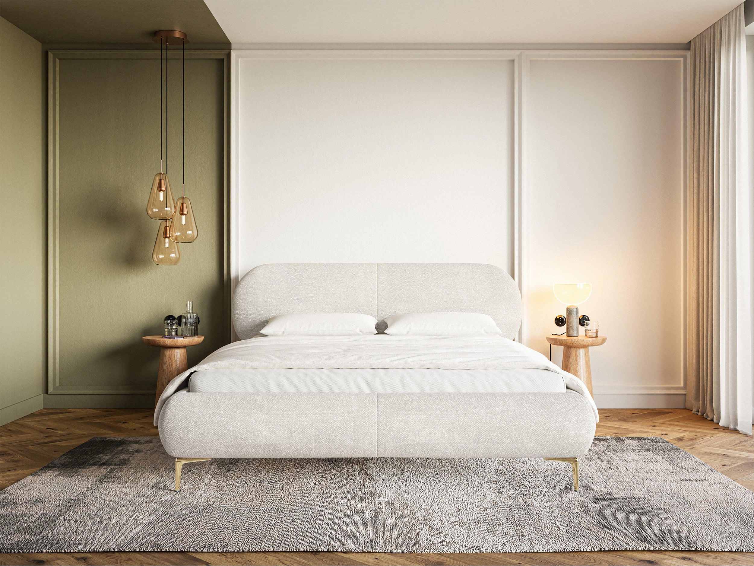 Łóżko Ovalle 160x200 cm kremowe szenil nóżki złote w aranżacji sypialni