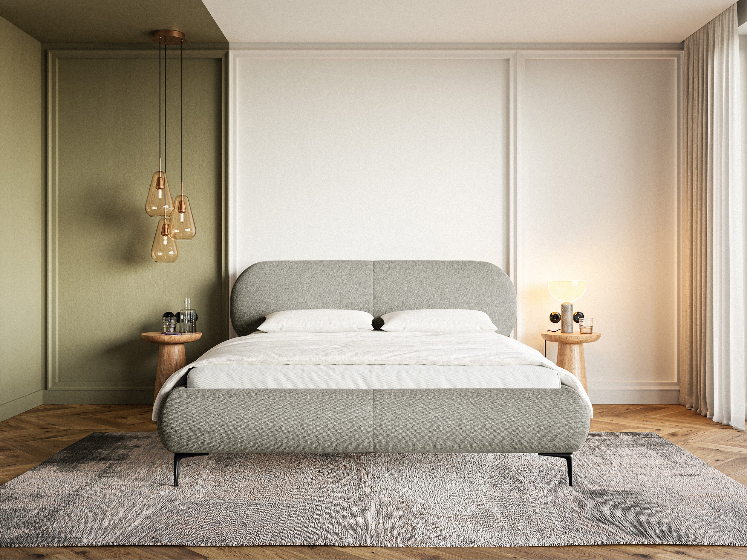 Łóżko tapicerowane 180x200 cm Ovalle z pojemnikiem stelaż metalowy szare plecionka hydrofobowa nóżki czarne