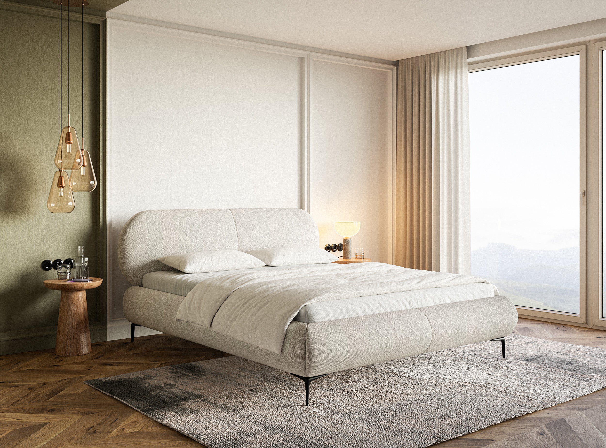 Łóżko tapicerowane 180x200 cm Ovalle z pojemnikiem stelaż metalowy jasnobeżowe plecionka hydrofobowa nóżki czarne w aranżacji sypialni
