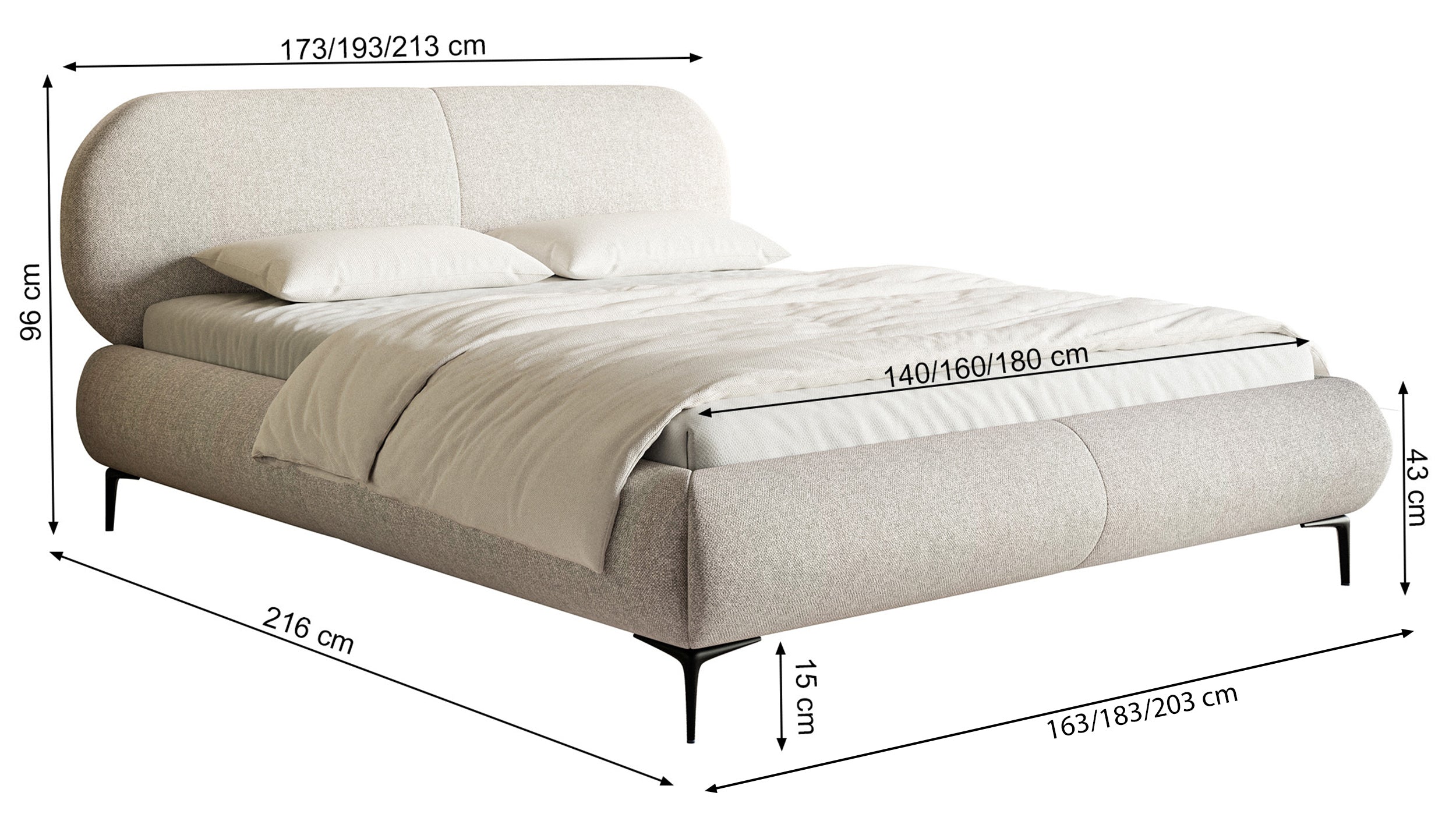 Rysunek wymiarowy - Łóżko tapicerowane 160x200 cm Ovalle z pojemnikiem stelaż metalowy beżowe szenil nóżki złote: szerokość 193 cm, długość 216 cm, wysokość 96 cm