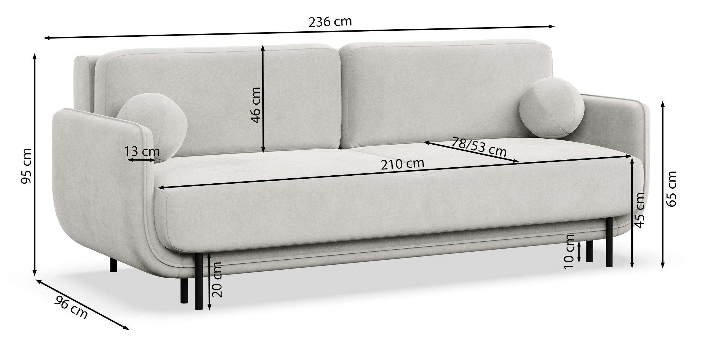 Rysunek wymiarowy - Kanapa rozkładana Ovals jasnobeżowa plecionka: szerokość 236 cm, głębokość 96 cm, wysokość 95 cm