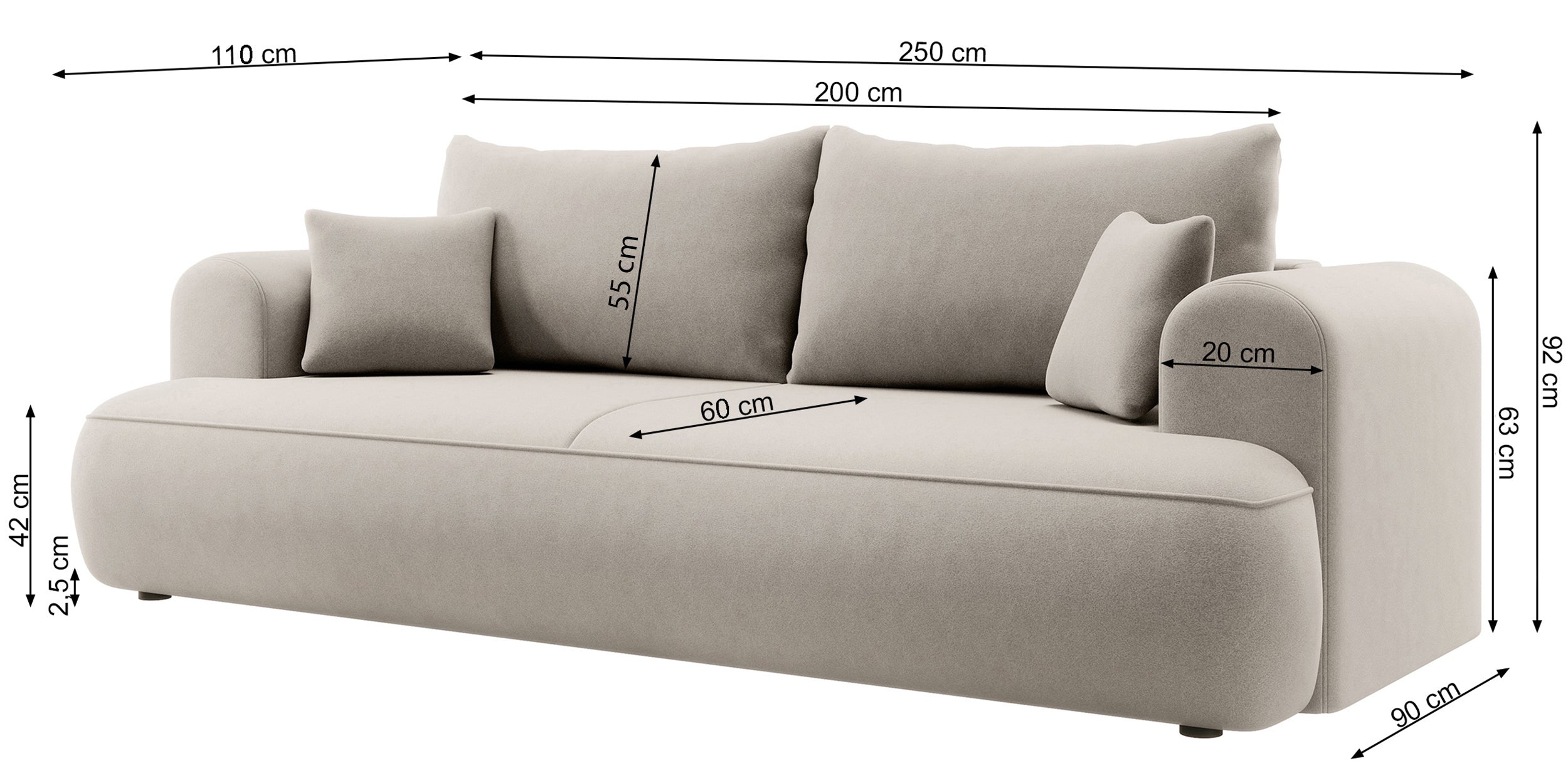 Rysunek wymiarowy - Kanapa rozkładana Ovo jasnobeżowa welur w tkaninie łatwoczyszczącej: szerokość 250 cm, głębokość 110 cm, wysokość 92 cm