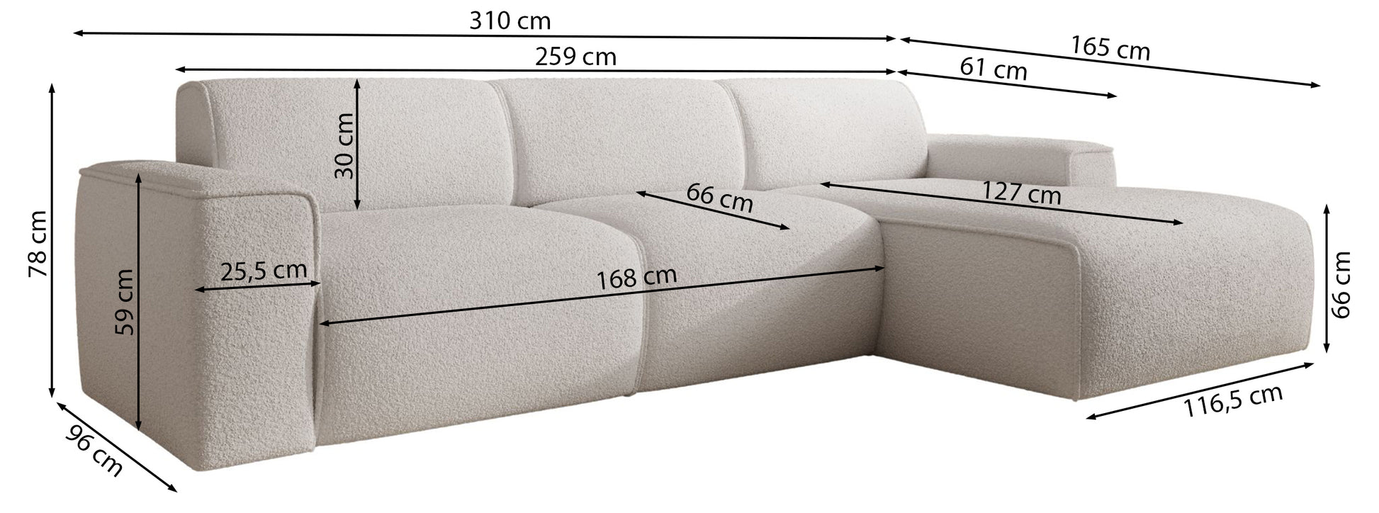 Rysunek wymiarowy - Narożnik Bouvi L-kształtny lewostronny kremowy: szerokość 310 cm, głębokość 165 cm, wysokość 78 cm