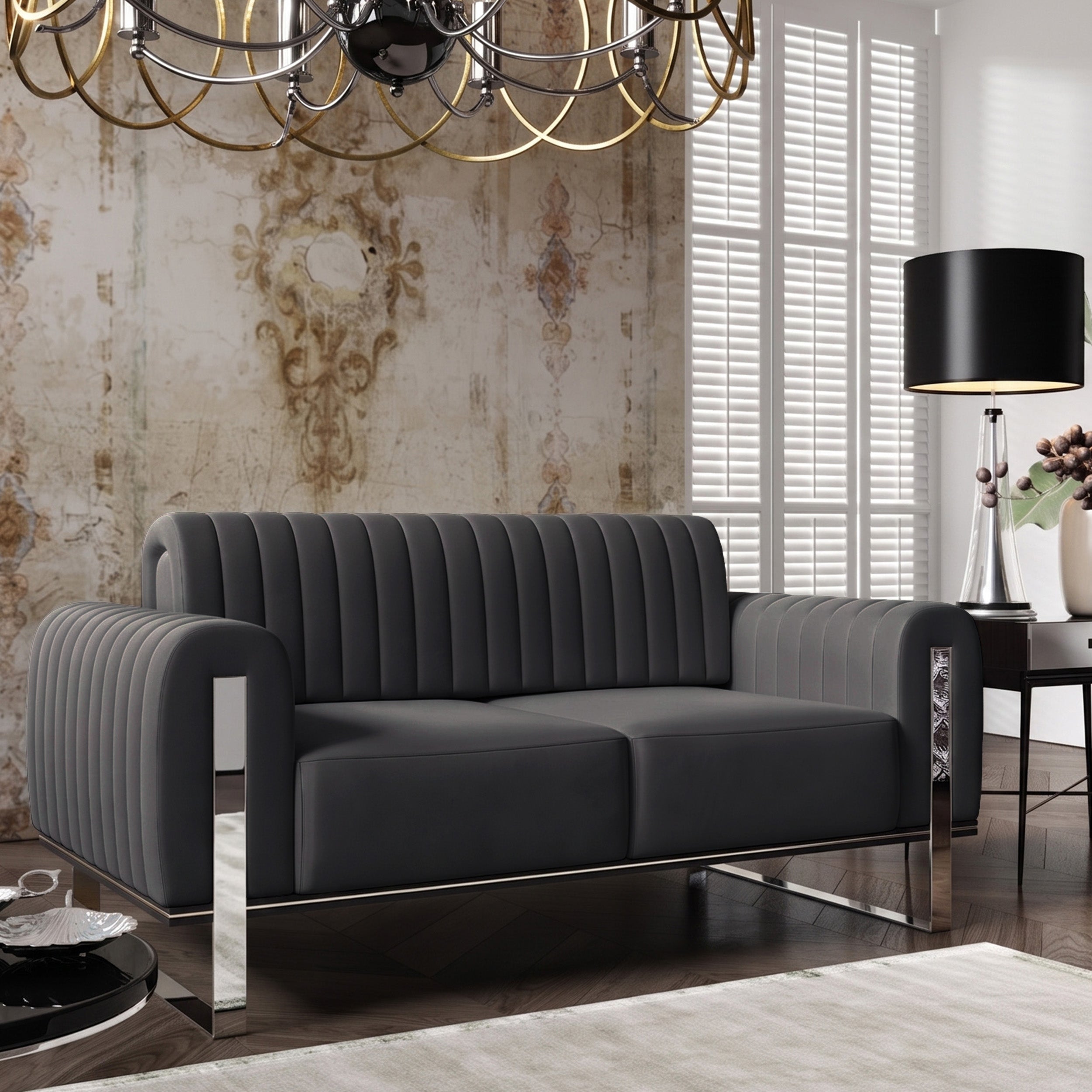 Sofa dwuosobowa Parissa ciemnoszara welur nogi chrom - na nóżkach