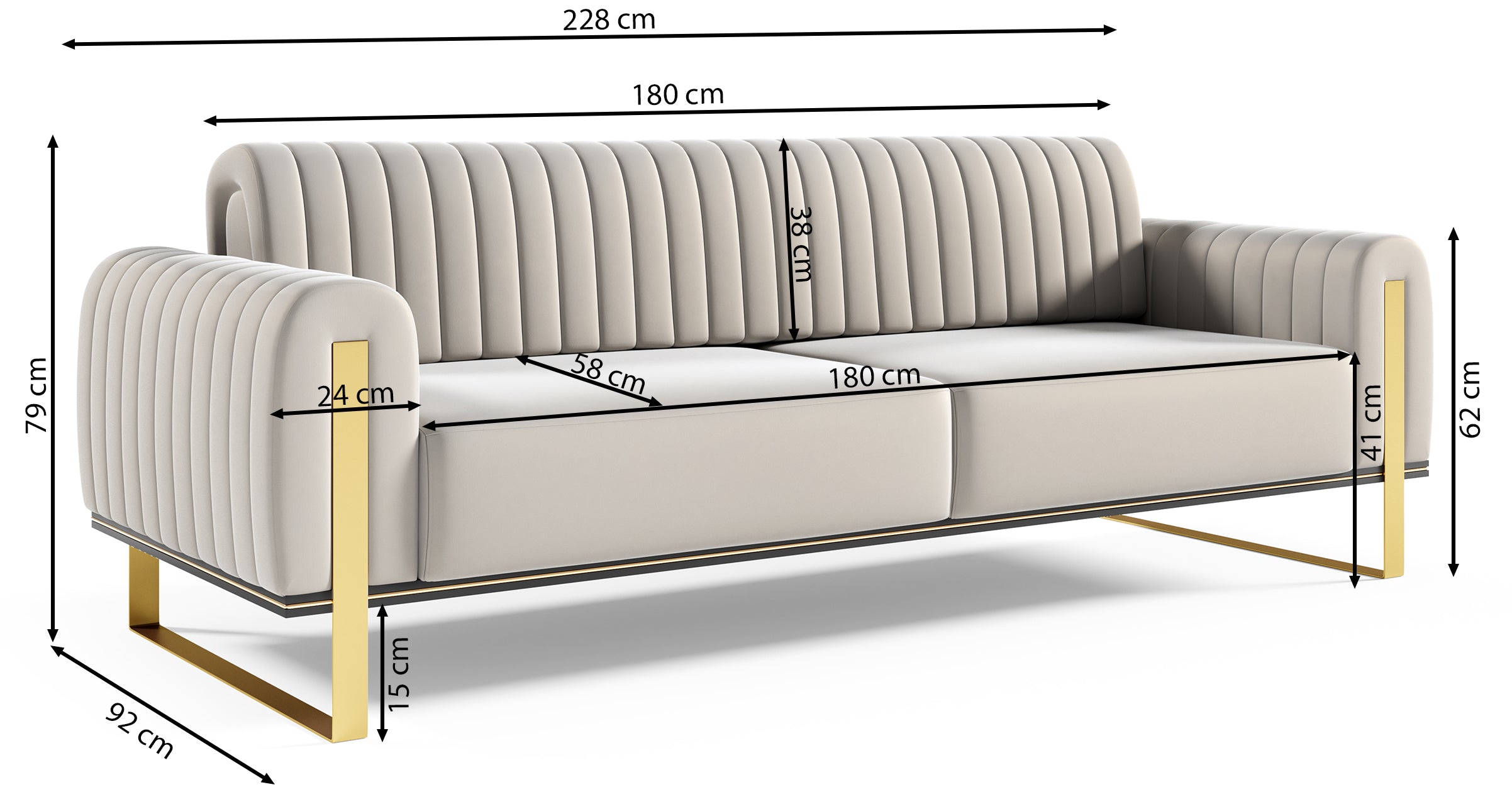 Rysunek wymiarowy - Sofa trzyosobowa Parissa jasnoszara welur nogi chrom: szerokość 228 cm, głębokość 92 cm, wysokość 79 cm