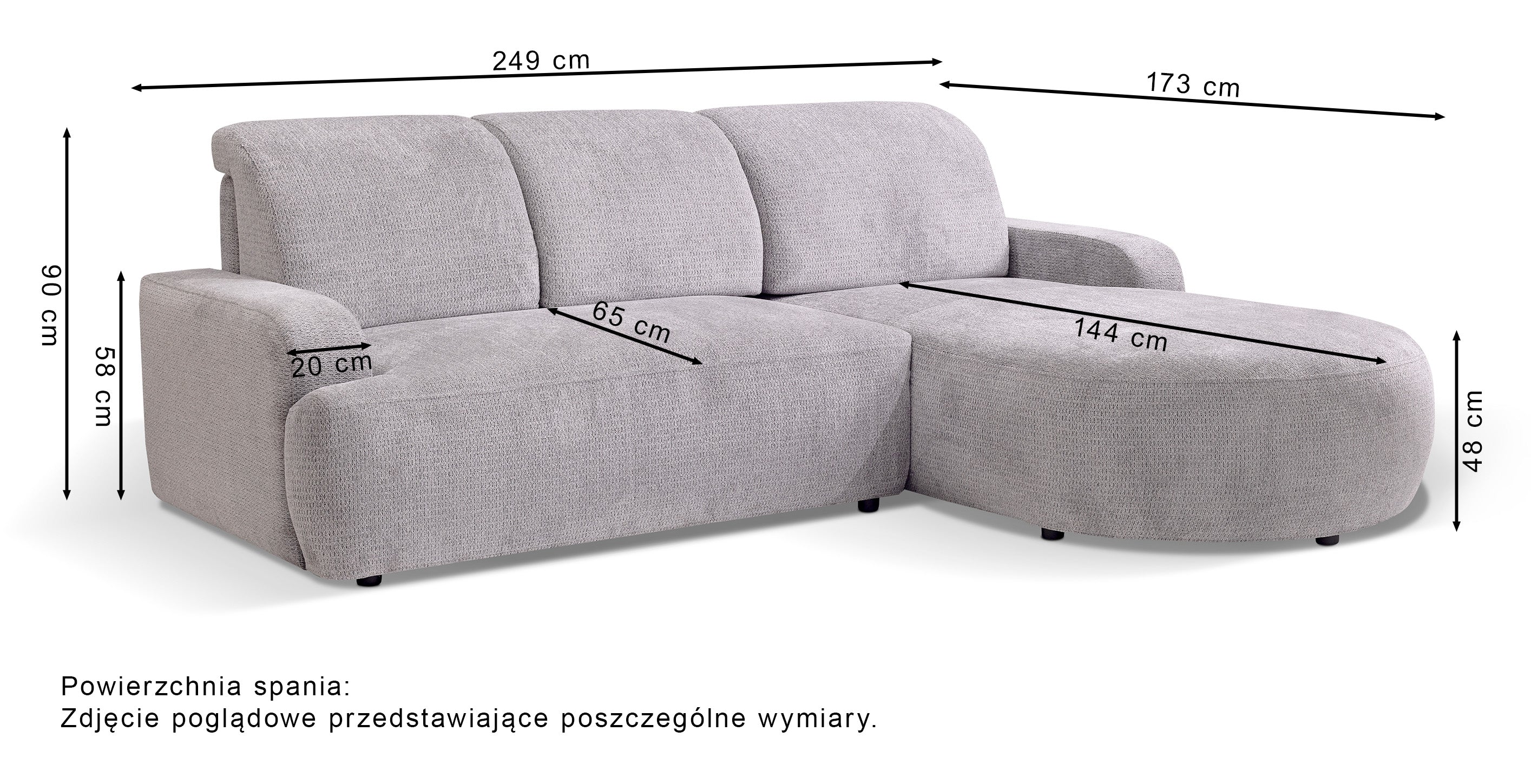 Rysunek wymiarowy - Narożnik Parma prawostronny z pojemnikiem szary: szerokość 249 cm, głębokość 173 cm, wysokość 90 cm