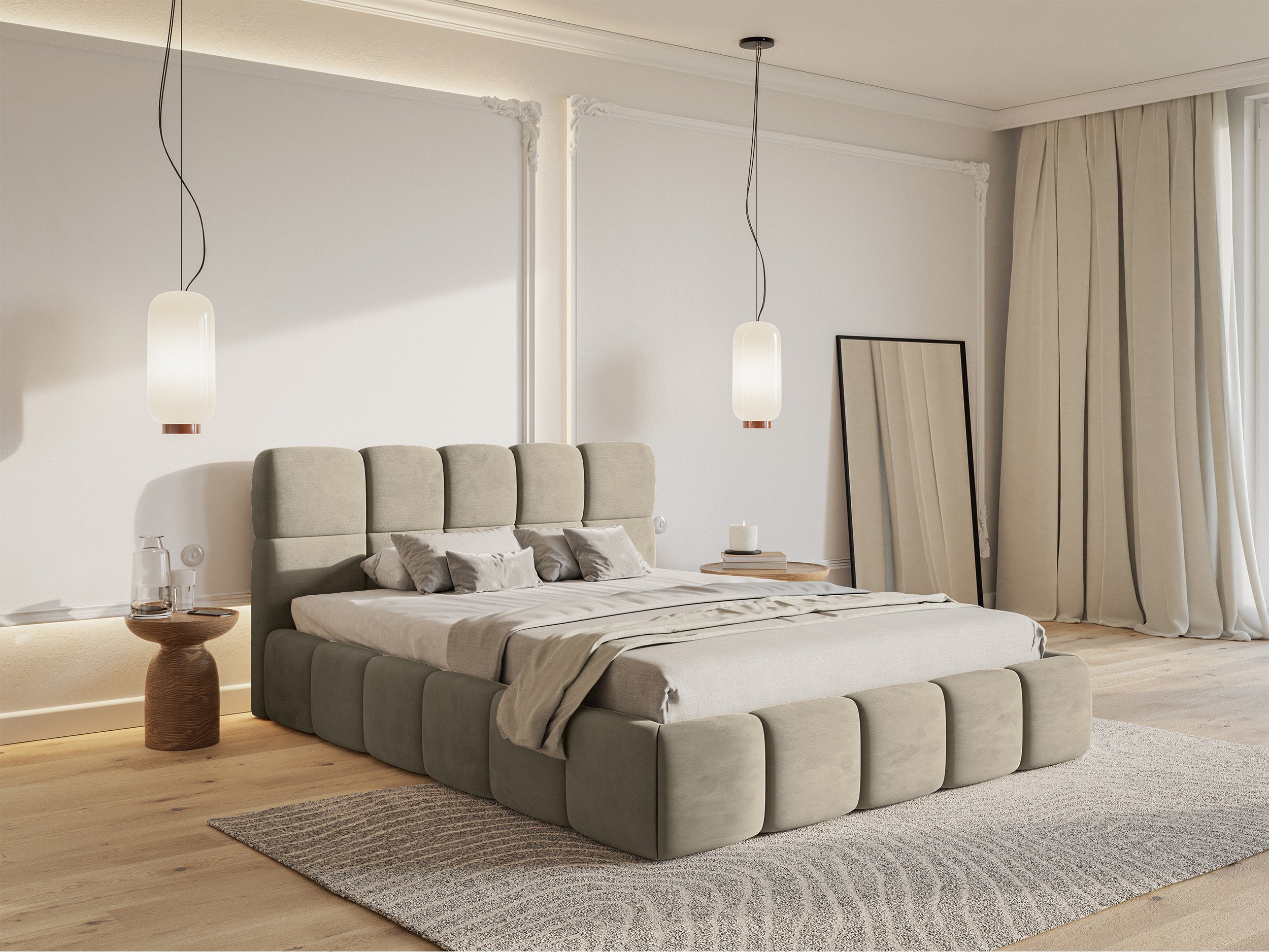 Łóżko tapicerowane 160x200 cm Cloudy z pojemnikiem szarobeżowe welur hydrofobowy łatwoczyszczący stelaż metalowy
