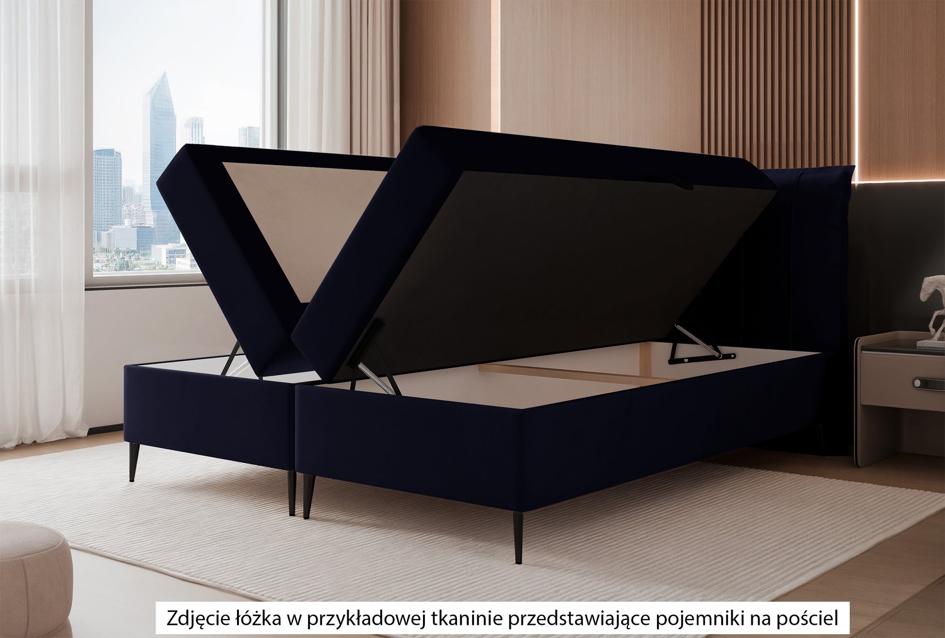 Łóżko kontynentalne Suzi 180x200 cm z materacem bonellowym i topperem granatowe - otwarty pojemnik na pościel