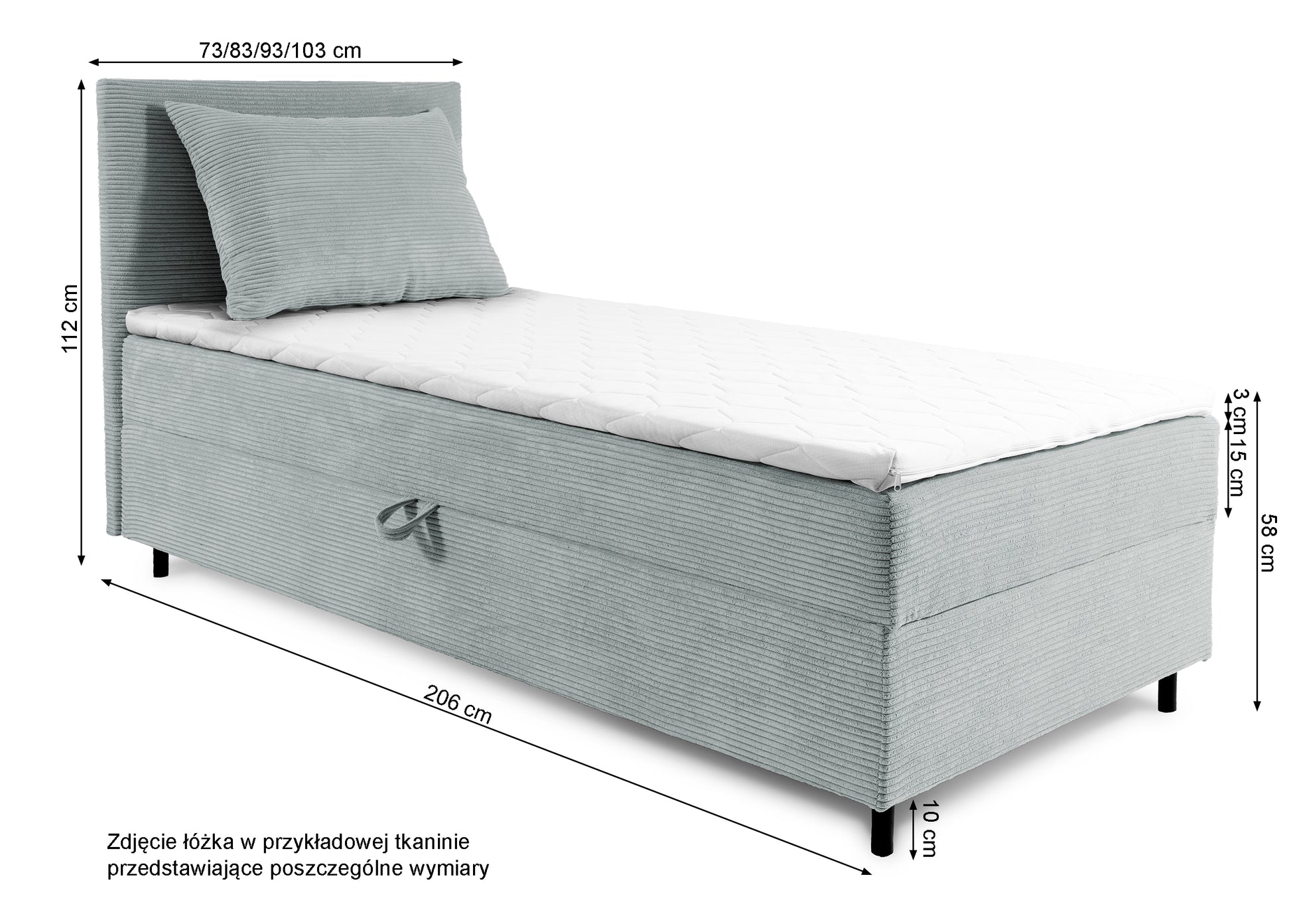 Rysunek wymiarowy - Łóżko kontynentalne jednosobowe Montigo szare sztruks nogi czarne prawostronne: szerokość 93 cm, długość 206 cm, wysokość 112 cm
