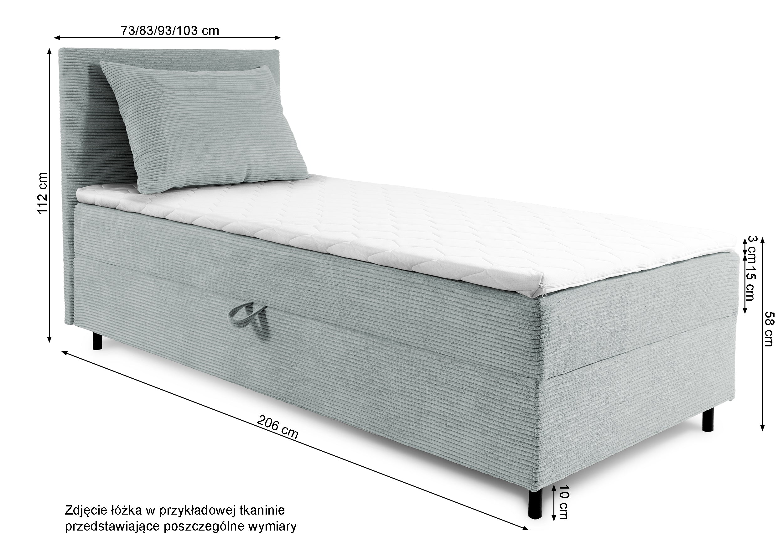 Rysunek wymiarowy - Łóżko kontynentalne jednosobowe Montigo szare sztruks nogi czarne prawostronne: szerokość 93 cm, długość 206 cm, wysokość 112 cm