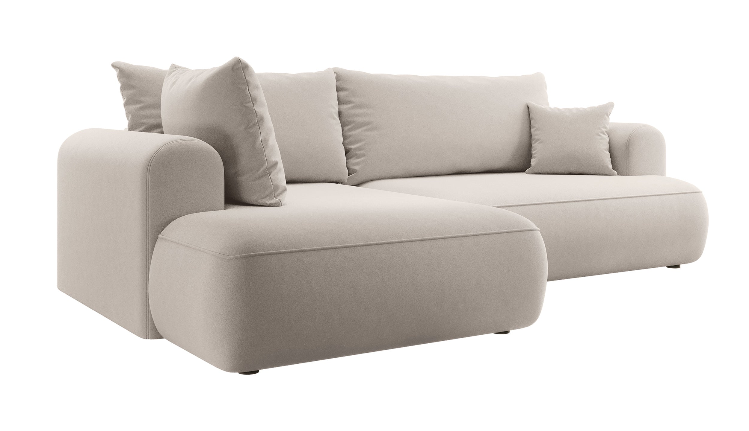 Narożnik z funkcją spania Ovo L-kształtny z boczkiem i pojemnikiem kremowy welur łatwoczyszczący lewostronny
