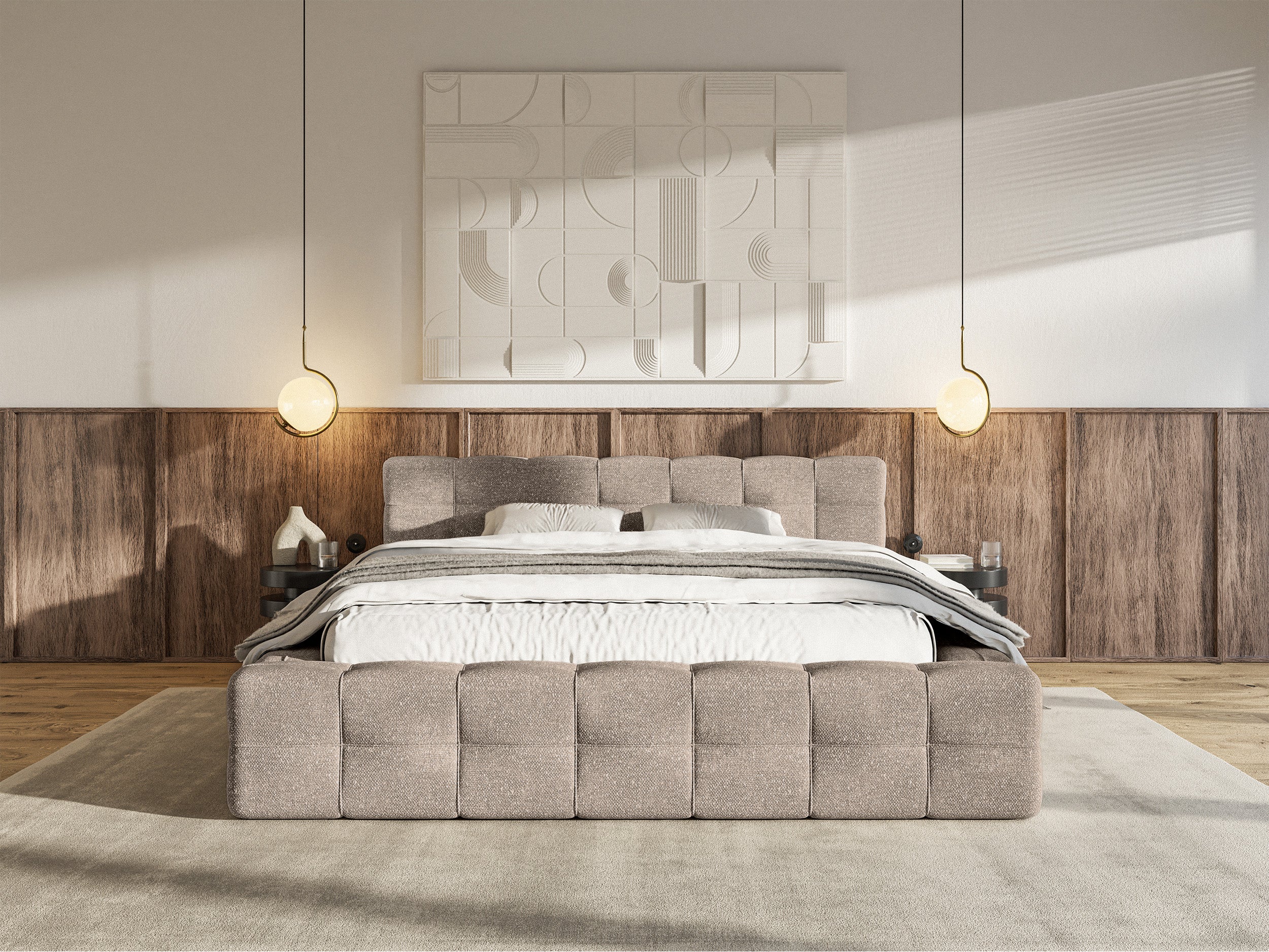 Łóżko tapicerowane Puffly 160x200 cm z pojemnikiem stelaż metalowy jasnobrązowy szenil
