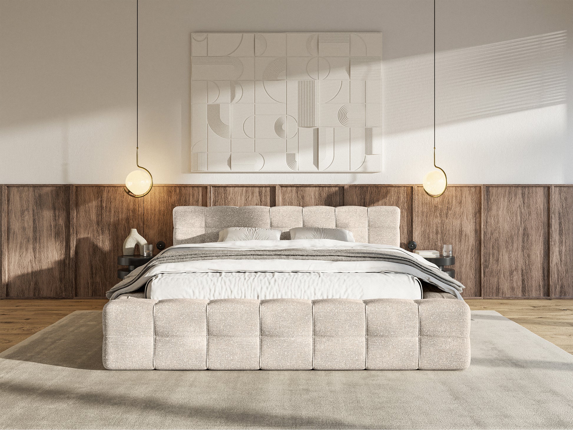 Łóżko tapicerowane Puffly 180x200 cm z pojemnikiem stelaż metalowy beżowy szenil w aranżacji sypialni - rodzaj dwuosobowy