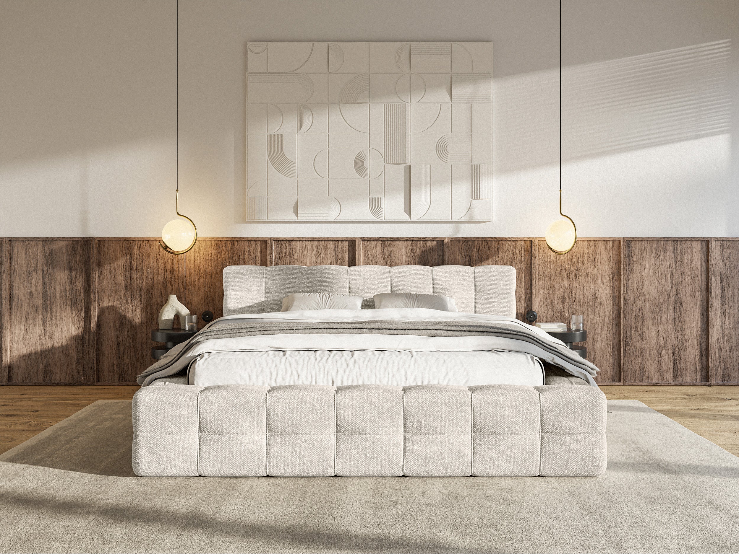Łóżko tapicerowane Puffly 180x200 cm z pojemnikiem stelaż metalowy kremowy szenil