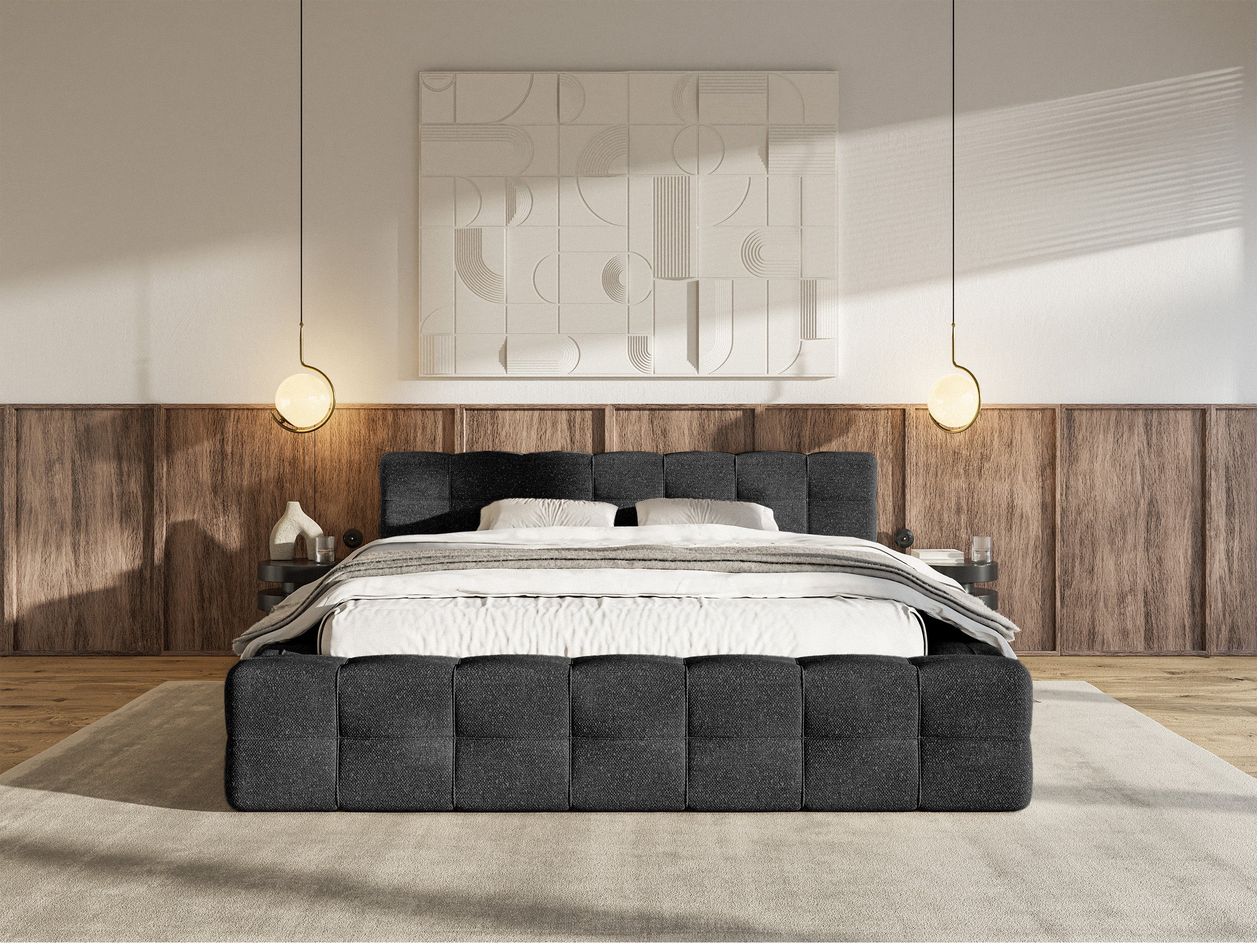 Łóżko tapicerowane Puffly 140x200 cm z pojemnikiem stelaż metalowy czarny szenil