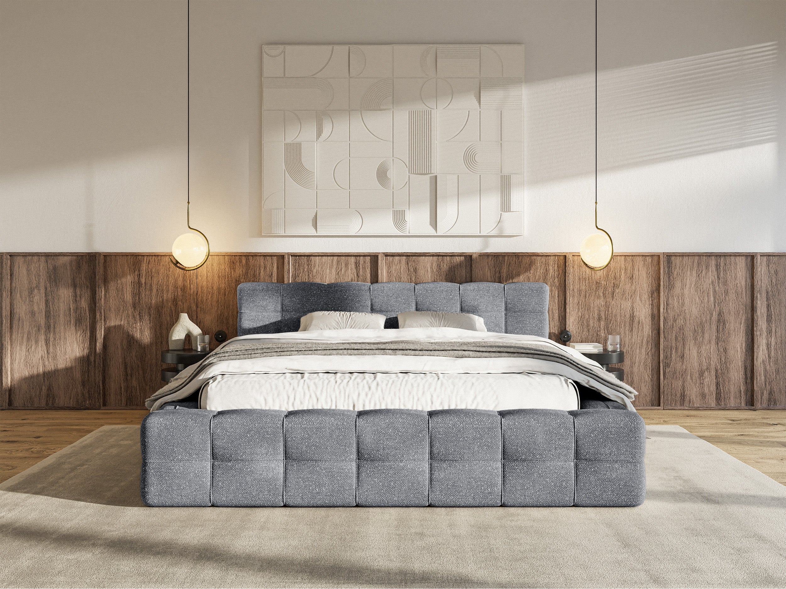 Łóżko tapicerowane Puffly 140x200 cm z pojemnikiem stelaż metalowy ciemnoszary szenil