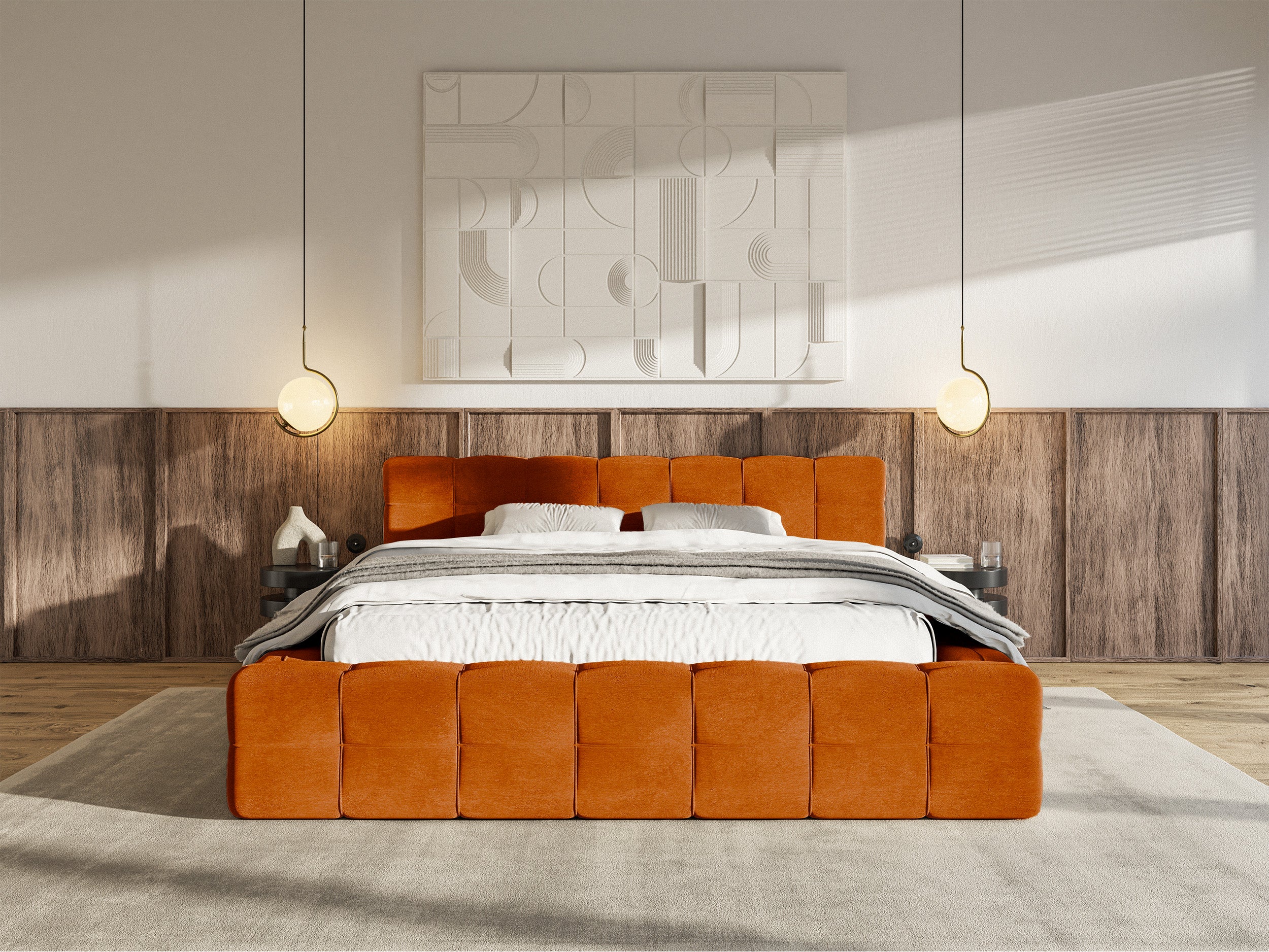 Łóżko tapicerowane Puffly 160x200 cm z pojemnikiem stelaż metalowy miedziany welur