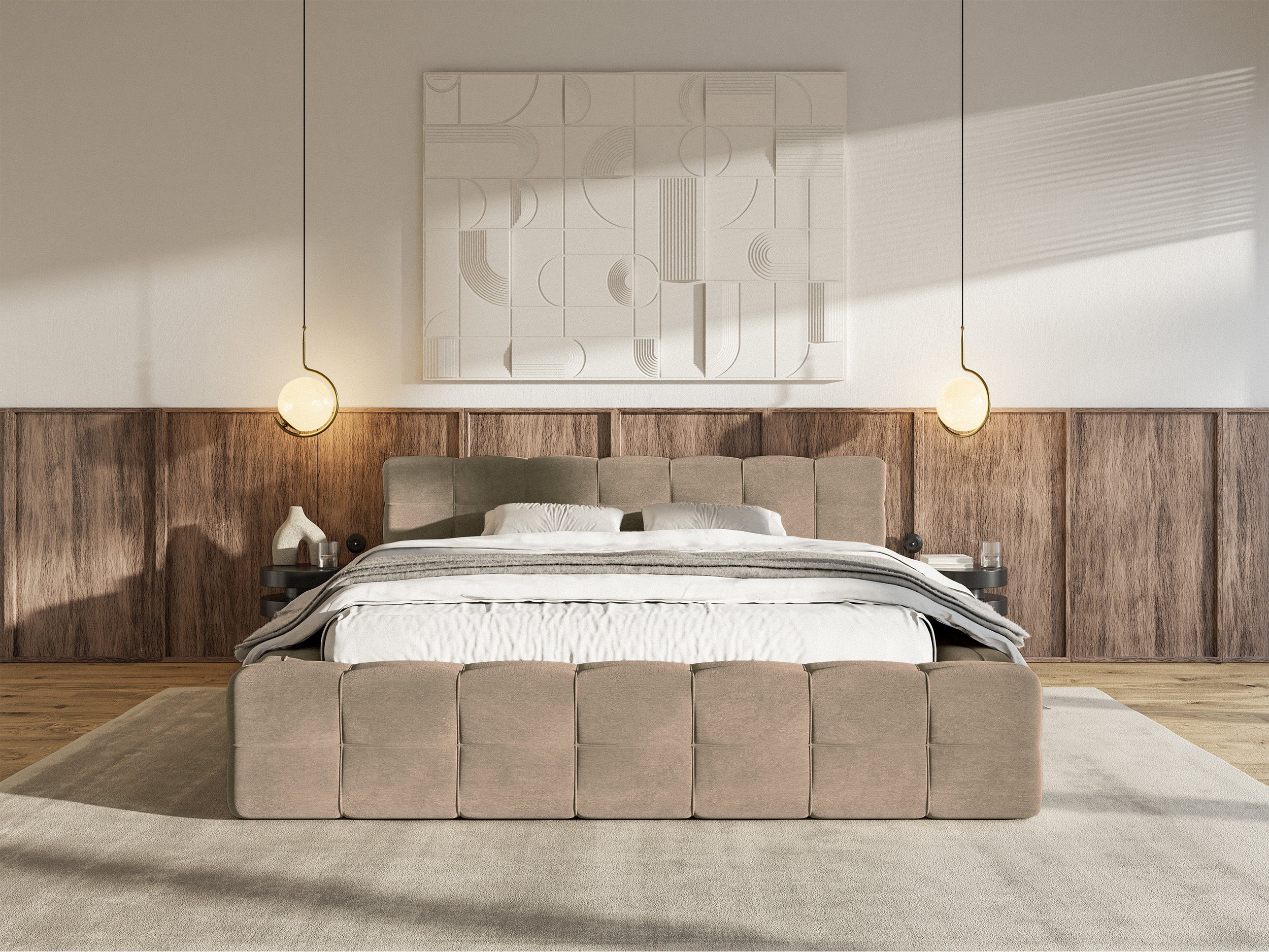 Łóżko tapicerowane Puffly 140x200 cm z pojemnikiem stelaż metalowy ciemnobeżowy welur