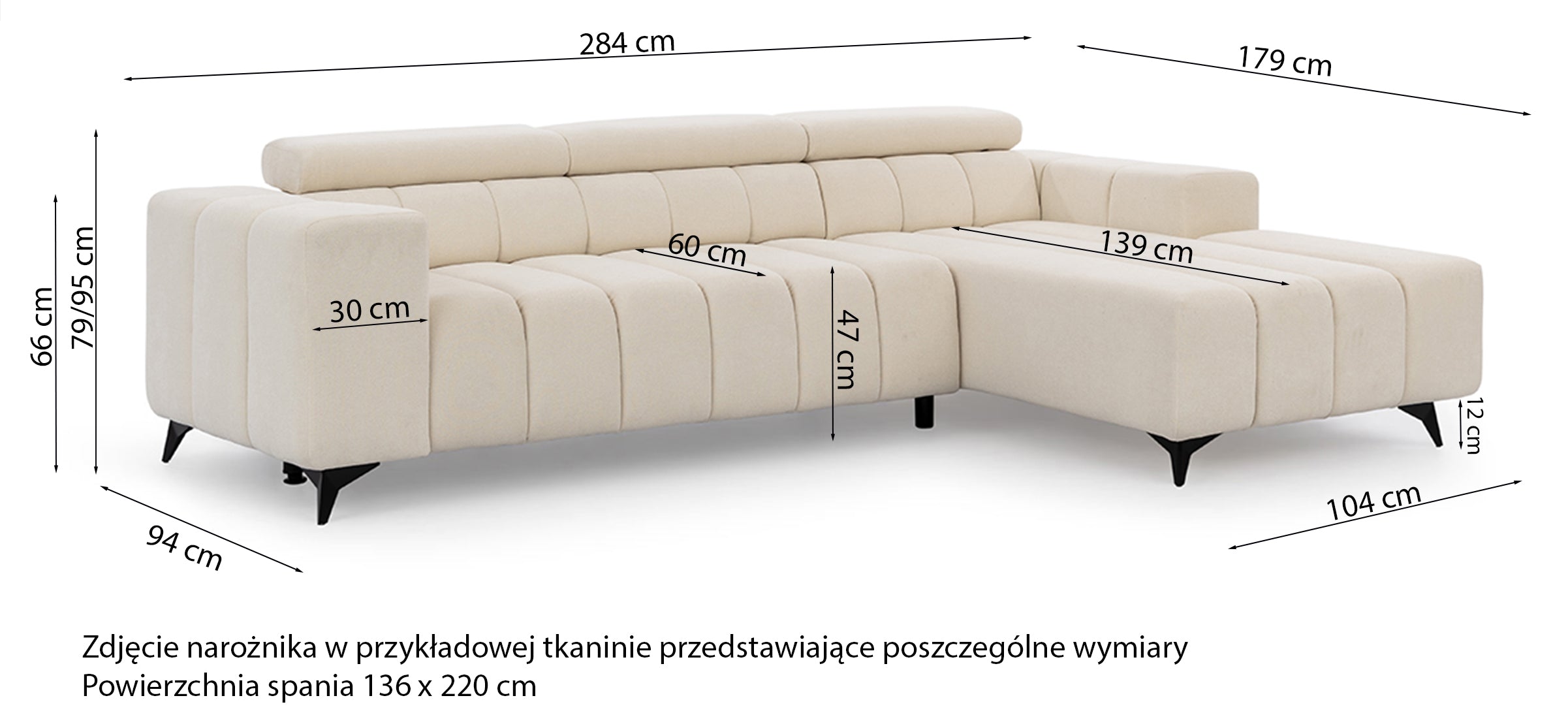 Rysunek wymiarowy - Narożnik Ragussino L-kształtny z regulowanymi zagłówkami i pojemnikiem szary szenil lewostronny: szerokość 284 cm, głębokość 179 cm, wysokość 79 cm