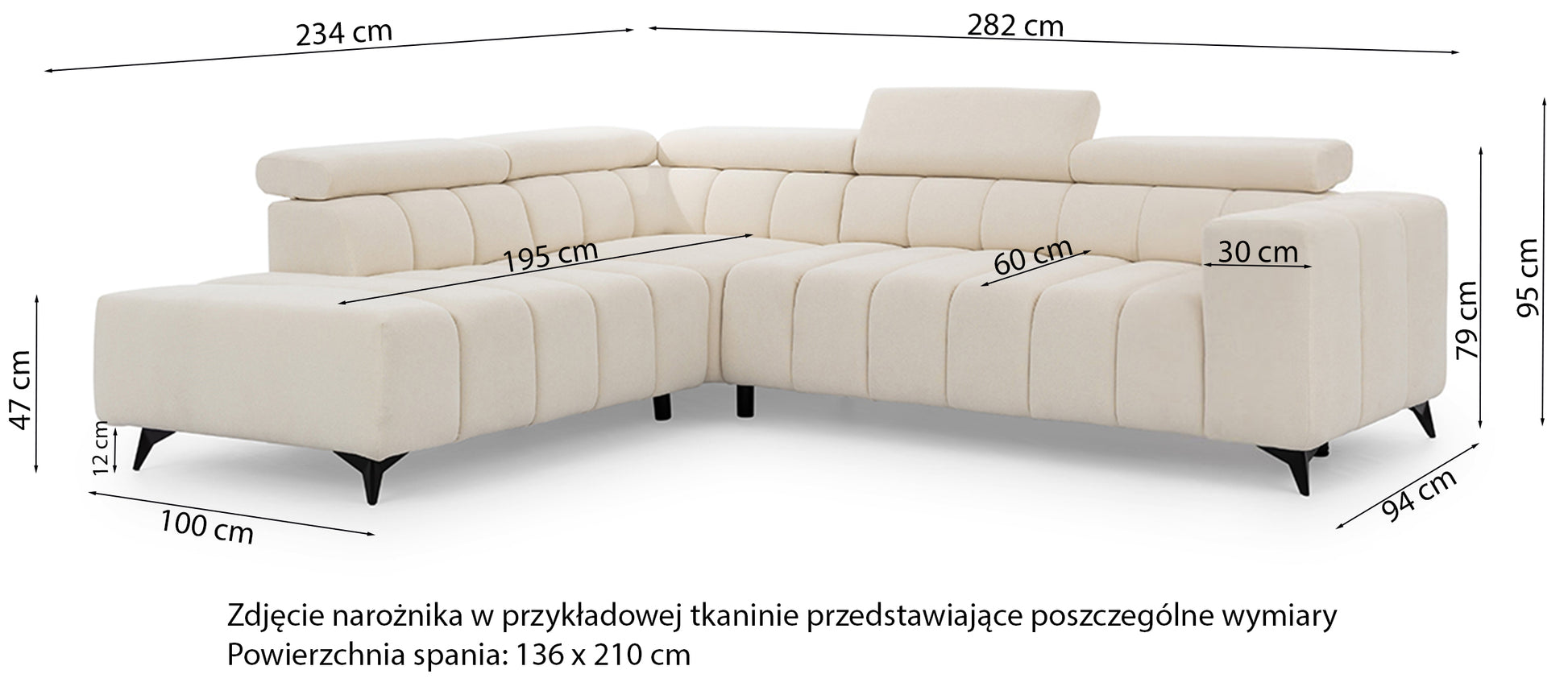 Rysunek wymiarowy - Narożnik Ragussino L-kształtny z boczkiem i regulowanymi zagłówkami jasnobeżowy szenil prawostronny: szerokość 282 cm, głębokość 94 cm, wysokość 79 cm
