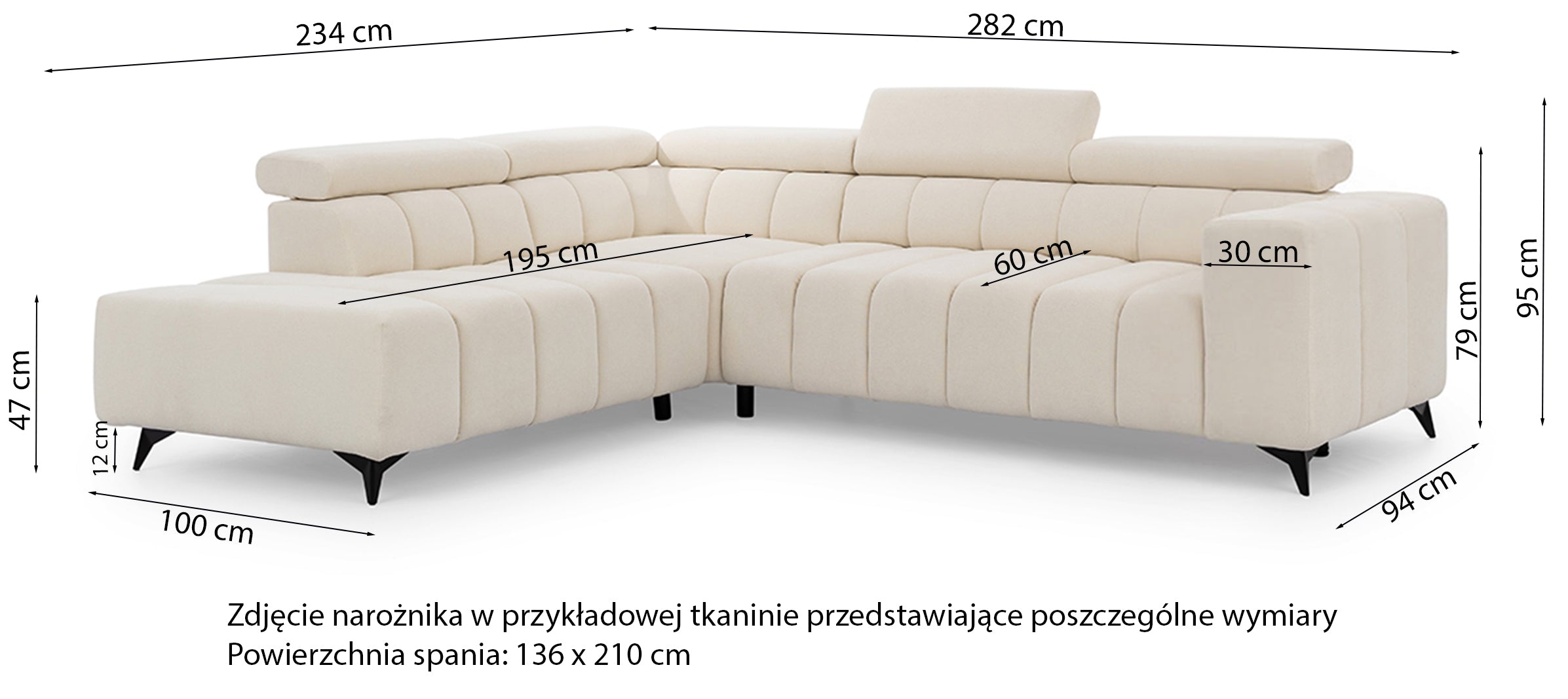 Narożnik z funkcją spania Ragussino L-kształtny z boczkiem i regulowanymi zagłówkami jasnoszary szenil lewostronny