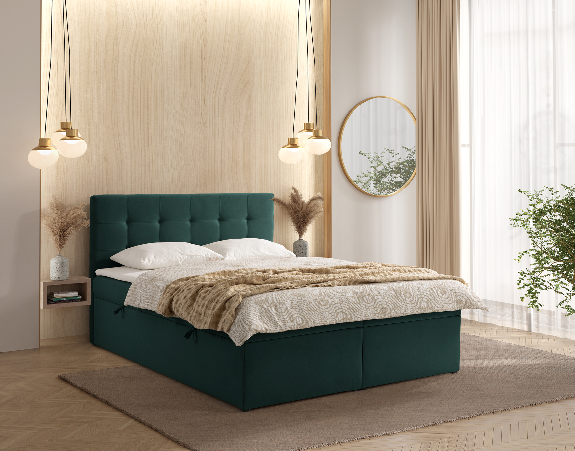 Łóżko kontynentalne Ronneo 140x200 cm z pojemnikami i topperem zielone - z materacem