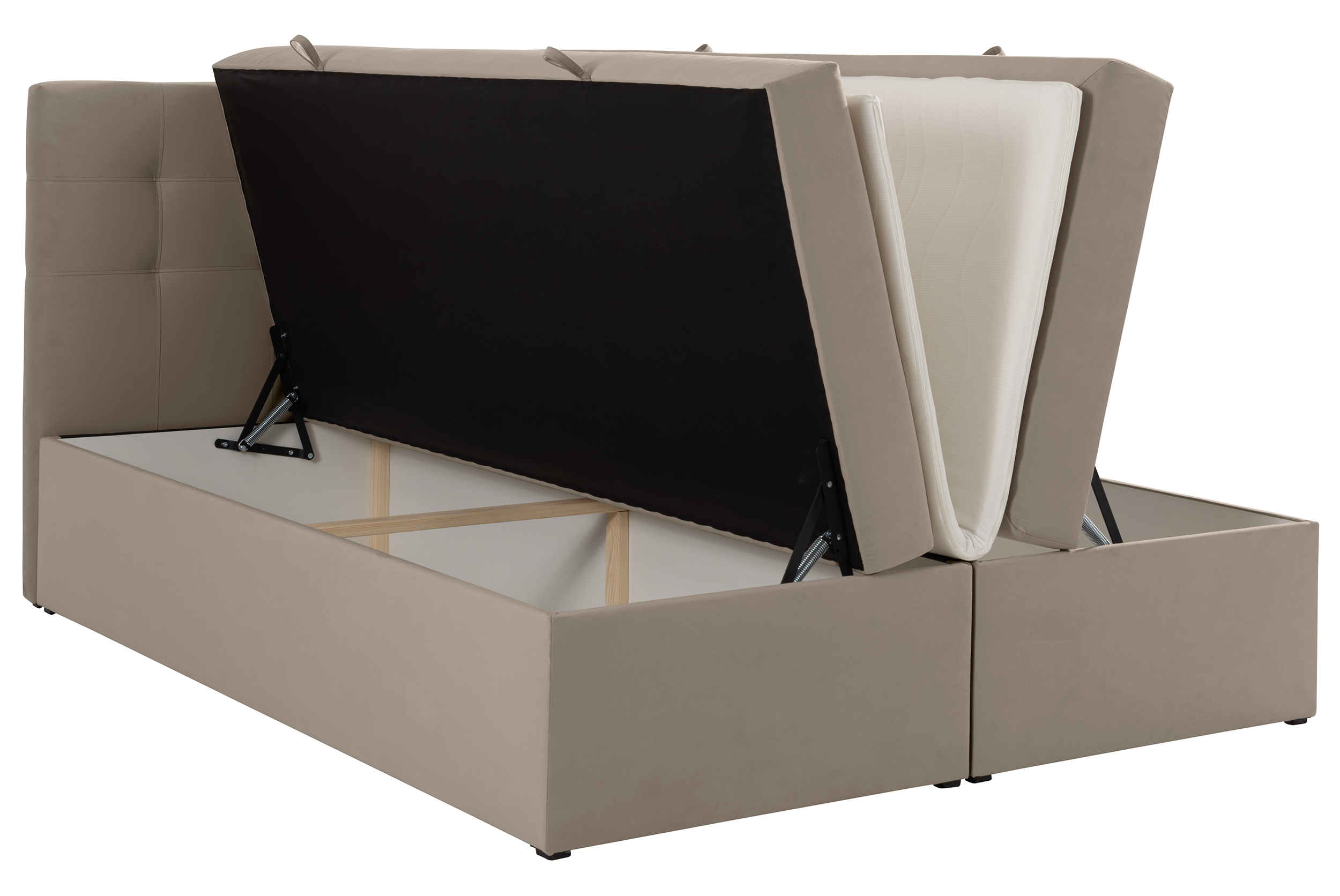 Łóżko kontynentalne 160x200 cm Ronneo z pojemnikami i topperem szarobeżowe welur