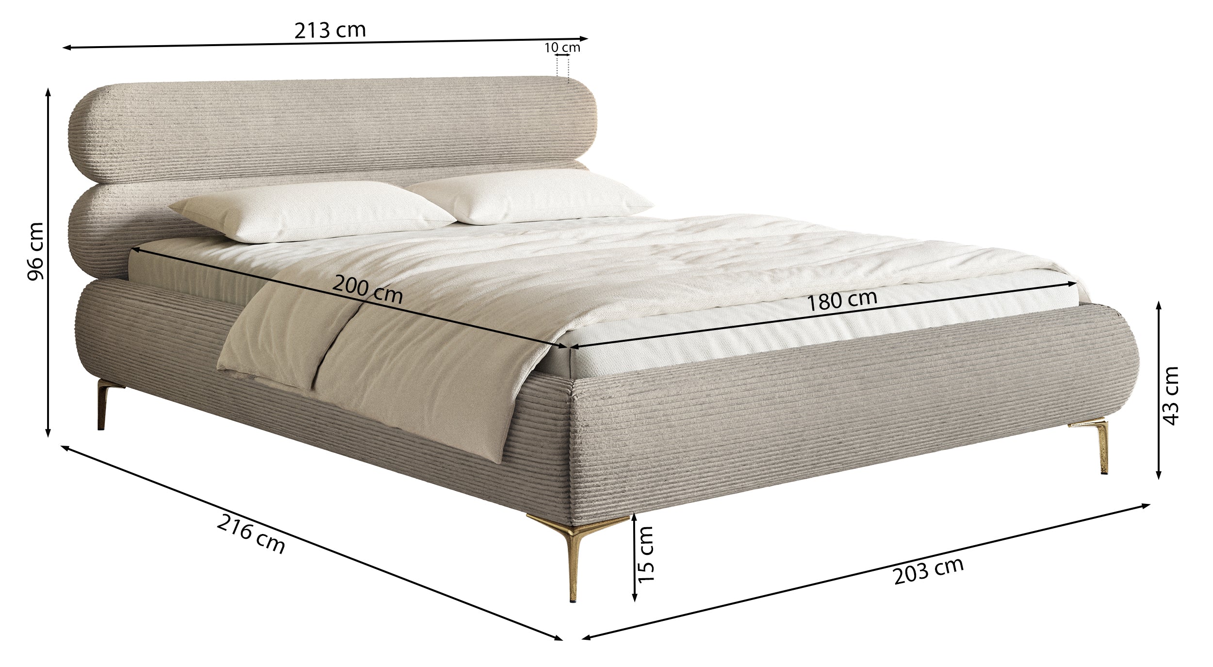 Łóżko tapicerowane 180x200 cm Roule Cord szarobeżowe sztruks nóżki czarne