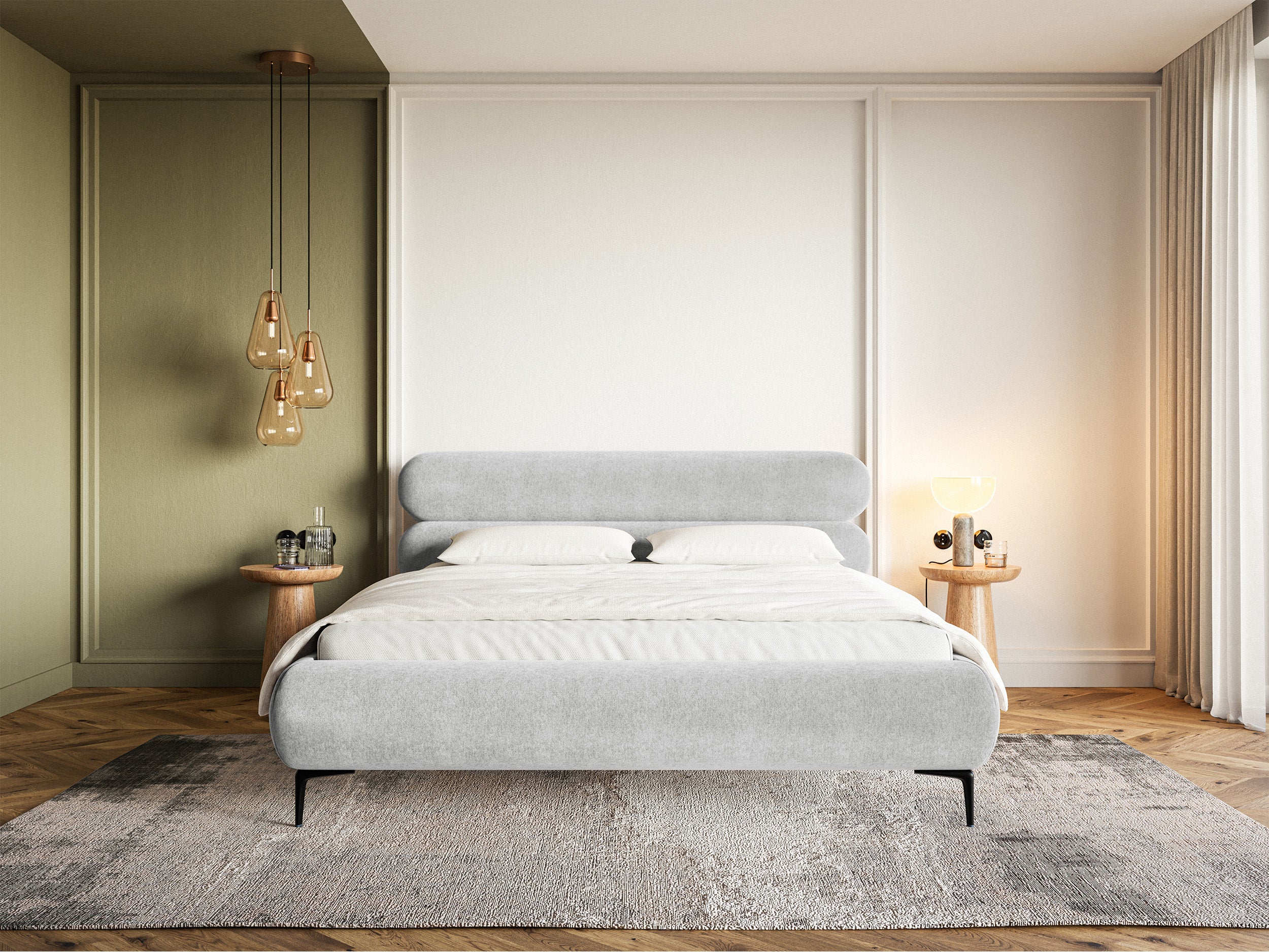 Łóżko tapicerowane 180x200 cm Roule z pojemnikiem stelaż metalowy jasnoszare welur hydrofobowy nóżki czarne