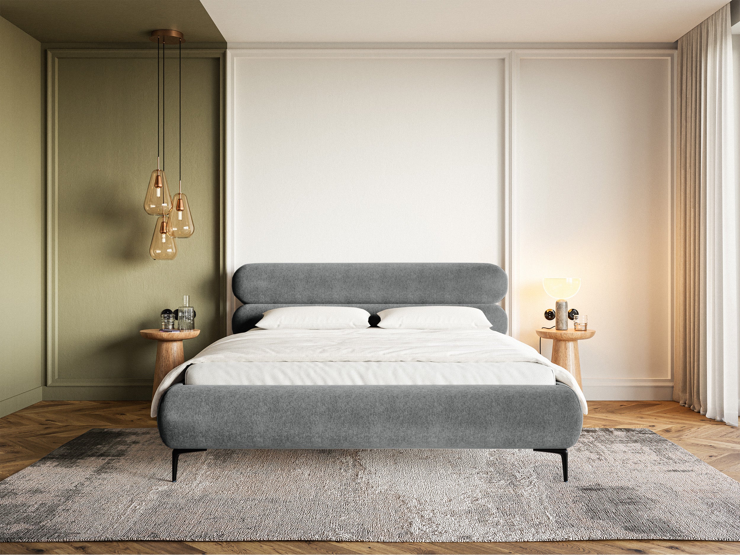 Łóżko tapicerowane 140x200 cm Roule z pojemnikiem stelaż metalowy szare welur hydrofobowy nóżki czarne
