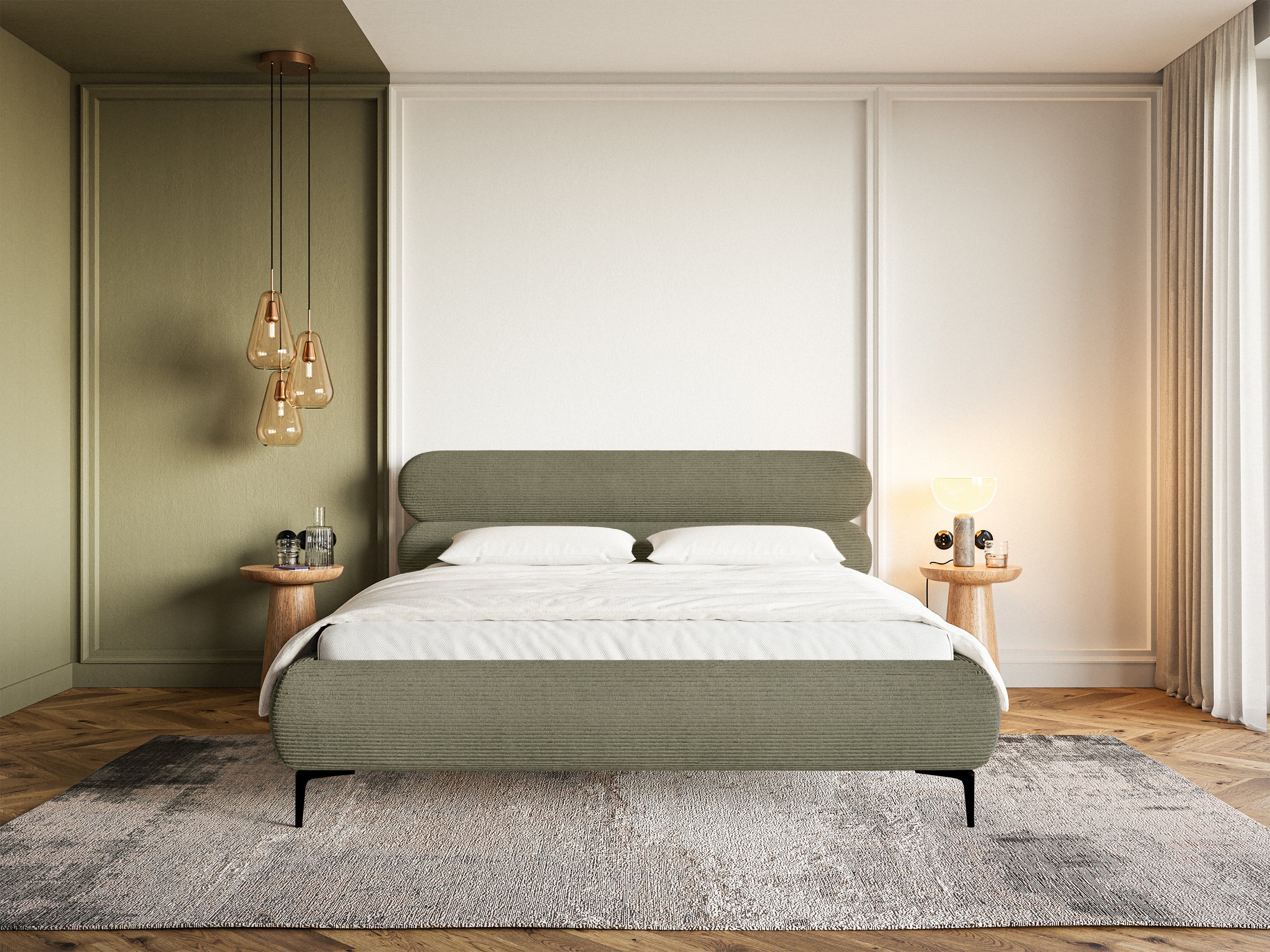 Łóżko tapicerowane 180x200 cm Roule Cord oliwkowe sztruks nóżki czarne