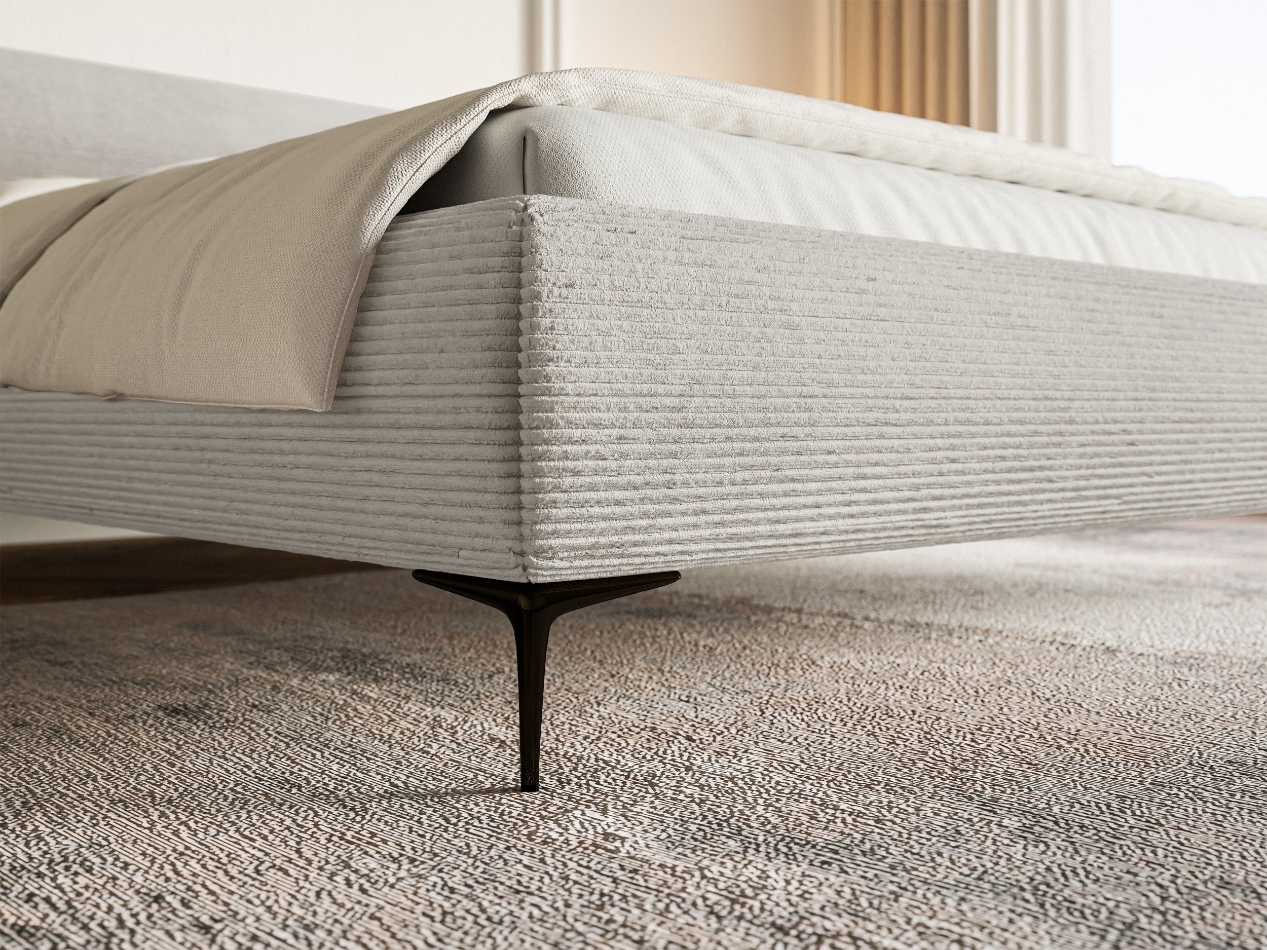 Łóżko Roule 140x200 cm Cord szarobeżowe sztruks nóżki czarne - materiał drewno