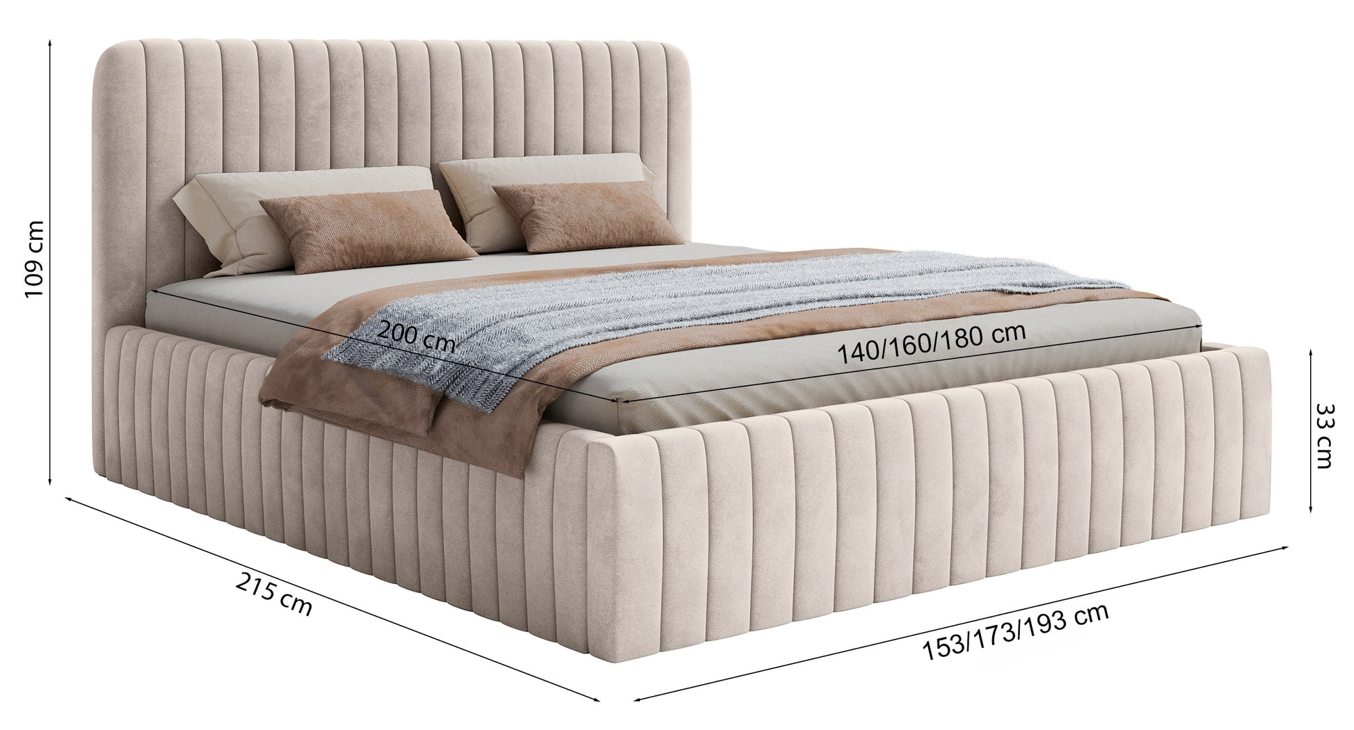 Łóżko tapicerowane 140x200 cm Saliano z pojemnikiem eukaliptusowe welur hydrofobowy - długość 215 cm