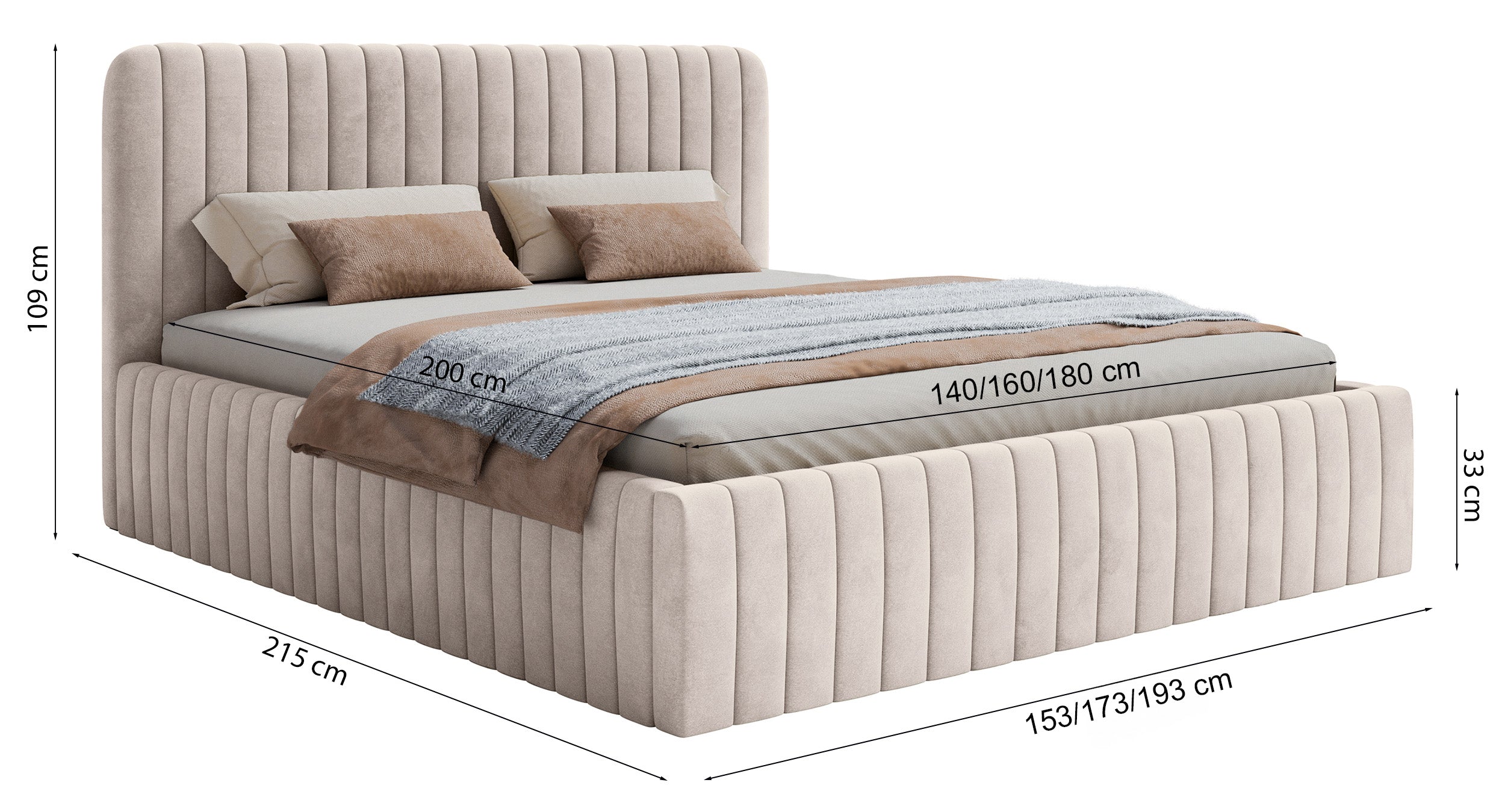Łóżko tapicerowane 140x200 cm Saliano z pojemnikiem eukaliptusowe welur hydrofobowy - długość 215 cm
