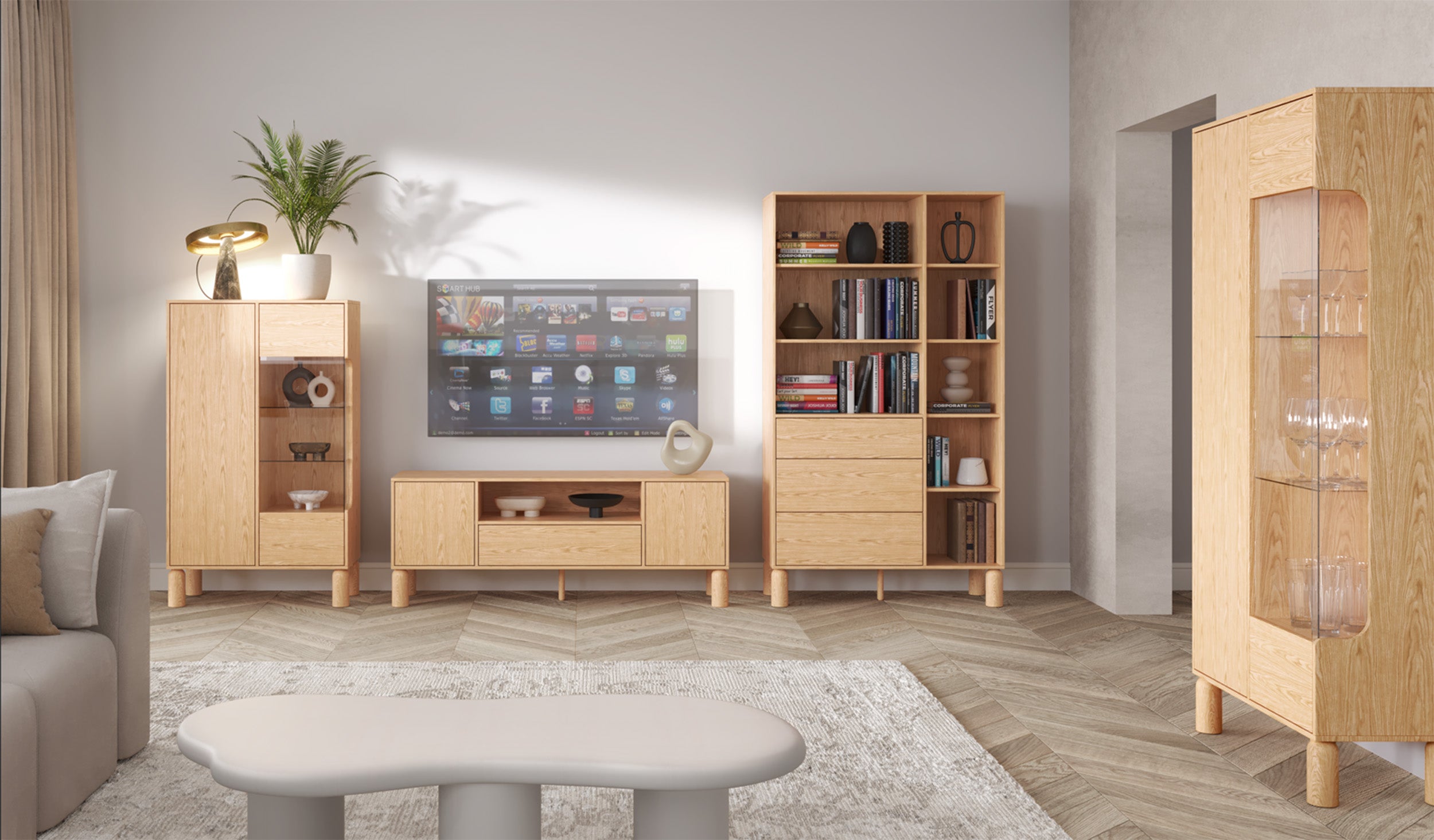 Witryna dwudrzwiowa Sanden z oświetleniem LED 89 cm dąb bookmatch w aranżacji salonu - na nóżkach