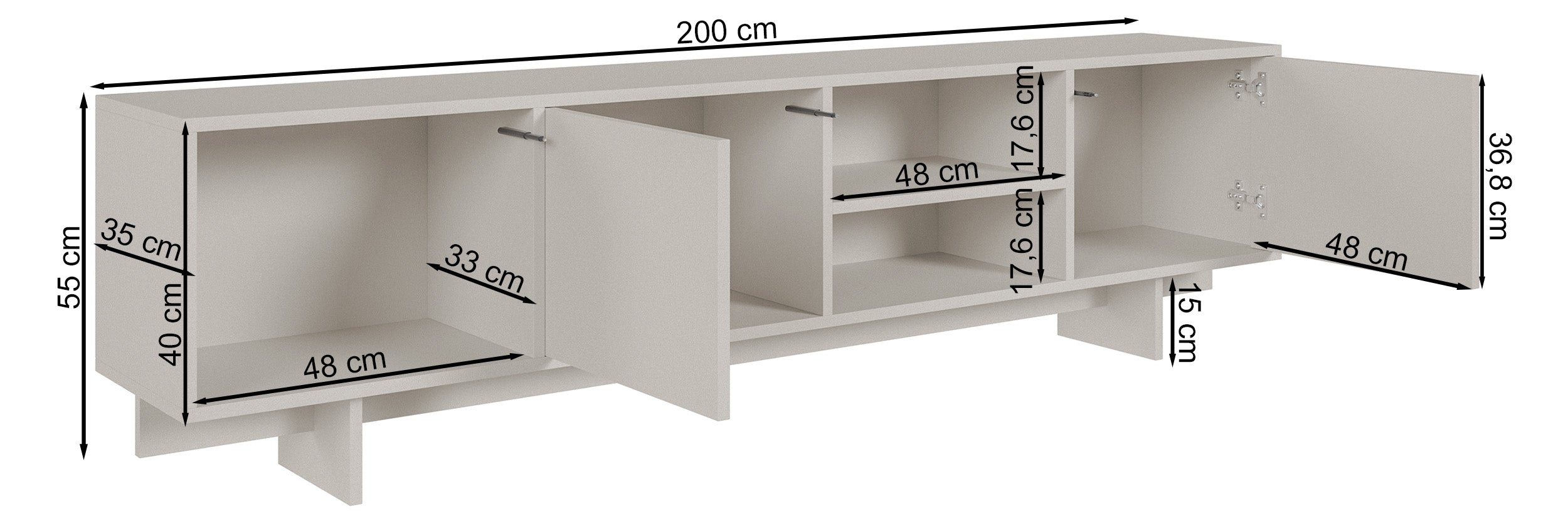 Rysunek wymiarowy - Szafka RTV dwudrzwiowa Sanva dąb olejowany: szerokość 200 cm, głębokość 35 cm, wysokość 55 cm