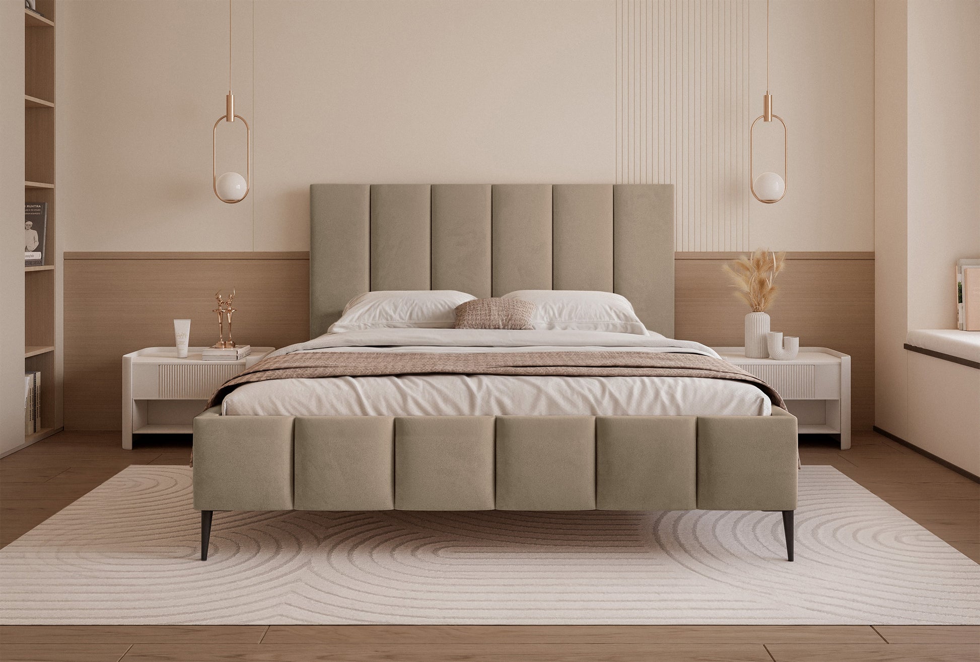 Łóżko tapicerowane 140x200 cm Sarafino z pojemnikiem na pościel ciemnobeżowe welur stelaż metalowy na wysokich nóżkach - rodzaj dwuosobowy