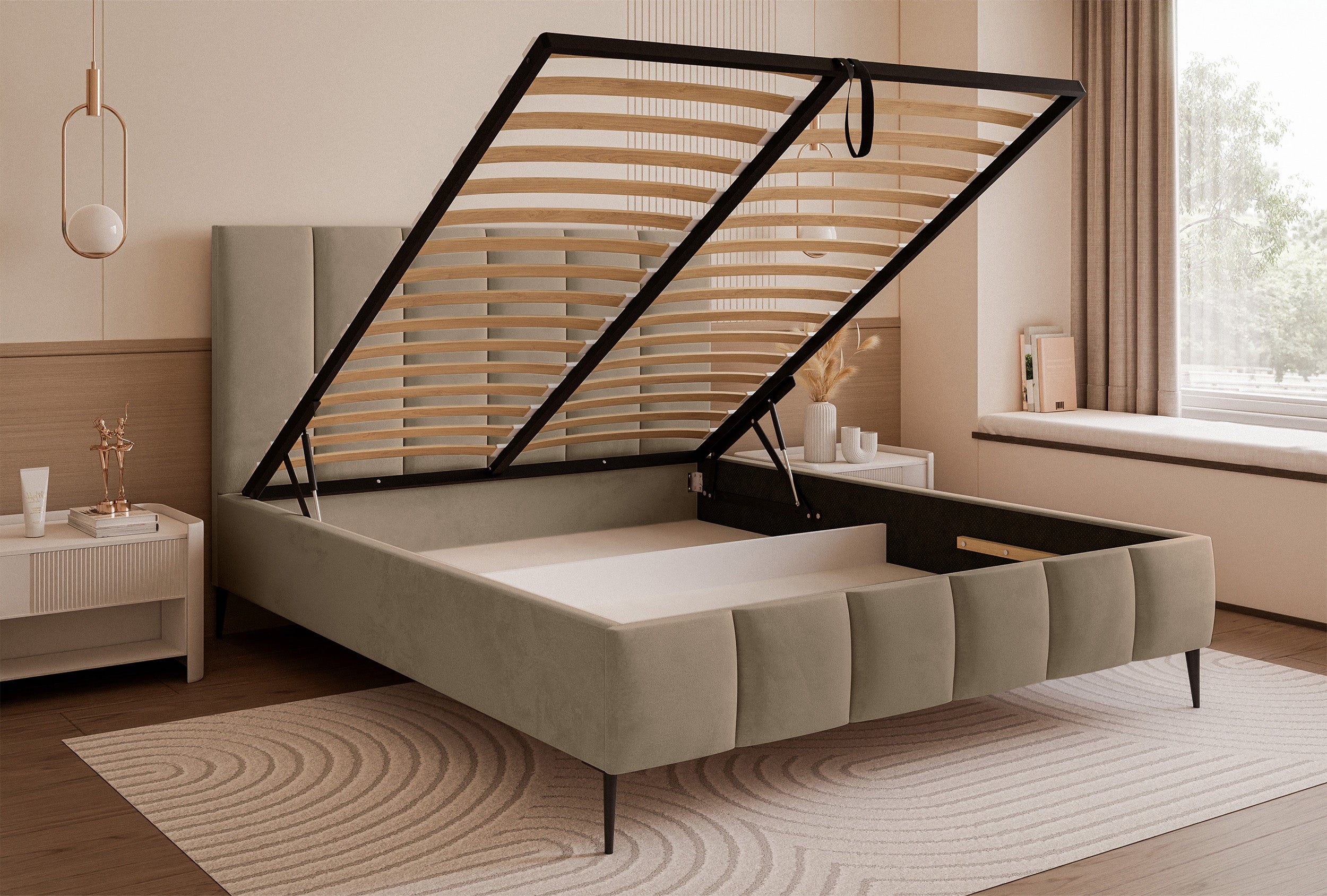 Łóżko tapicerowane 140x200 cm Sarafino z pojemnikiem na pościel ciemnobeżowe welur stelaż metalowy na wysokich nóżkach - materiał drewno