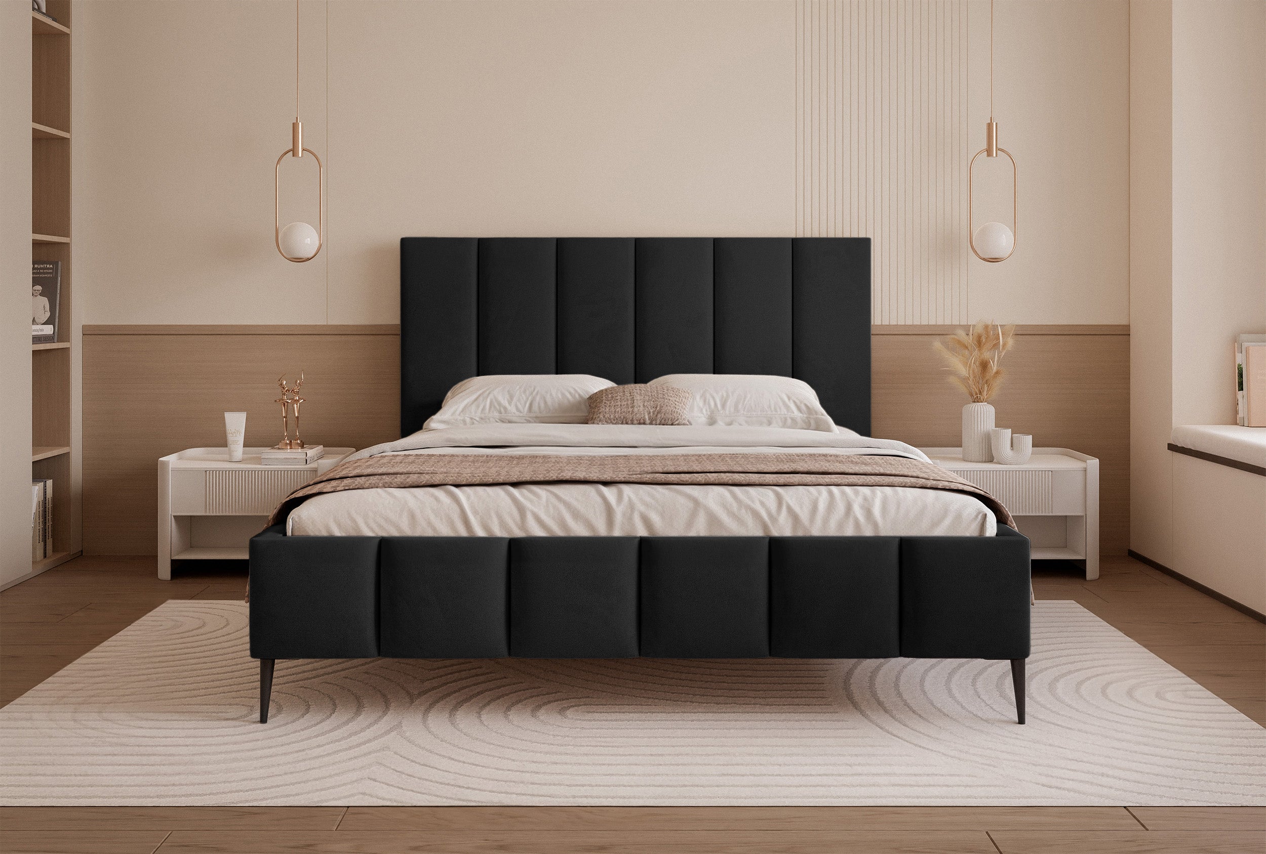 Łóżko tapicerowane 160x200 cm Sarafino z pojemnikiem na pościel czarne welur stelaż metalowy na wysokich nóżkach - rodzaj dwuosobowy