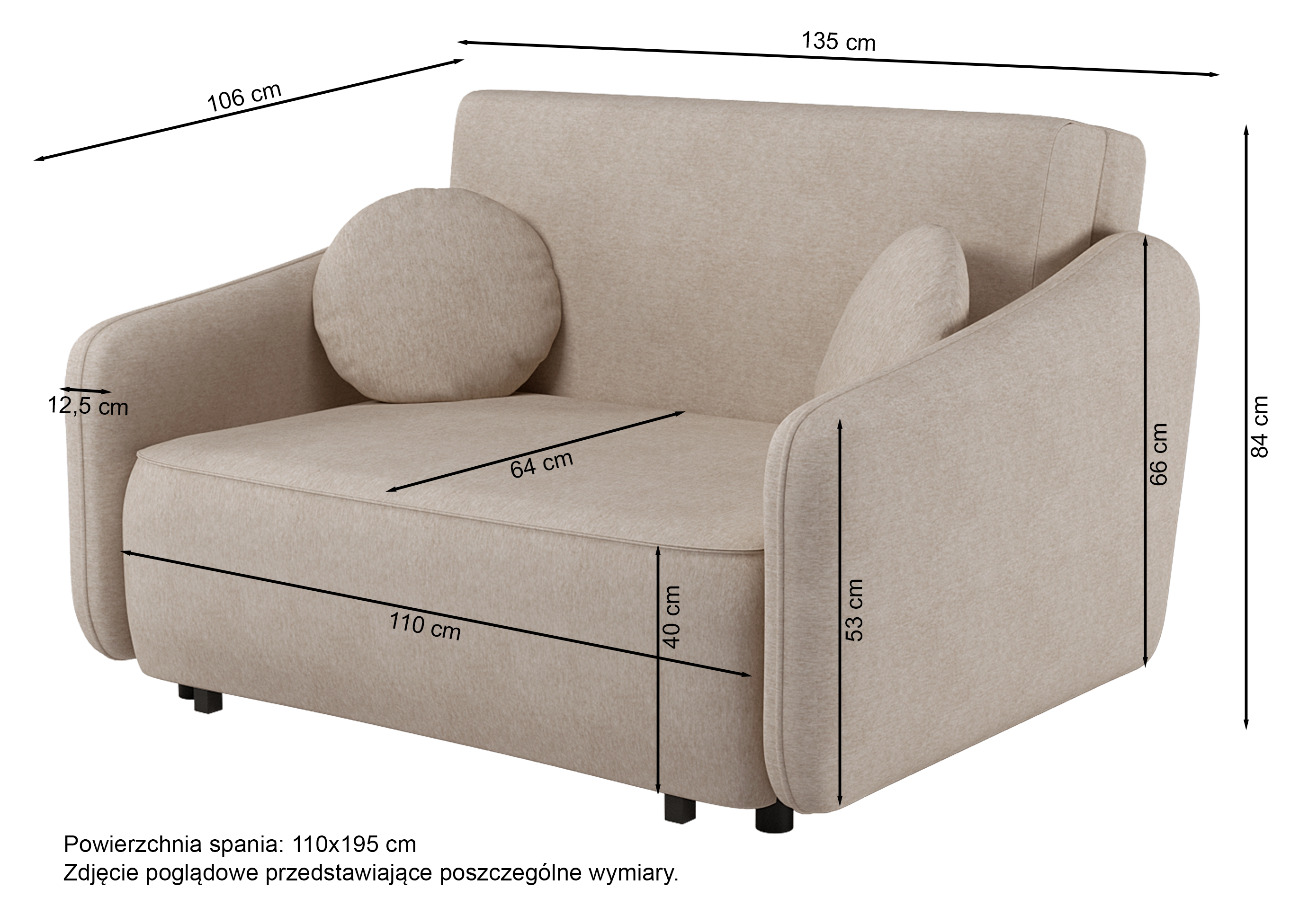 Rysunek wymiarowy - Kanapa rozkładana Sarreo jasnoszara: szerokość 135 cm, głębokość 106 cm, wysokość 84 cm