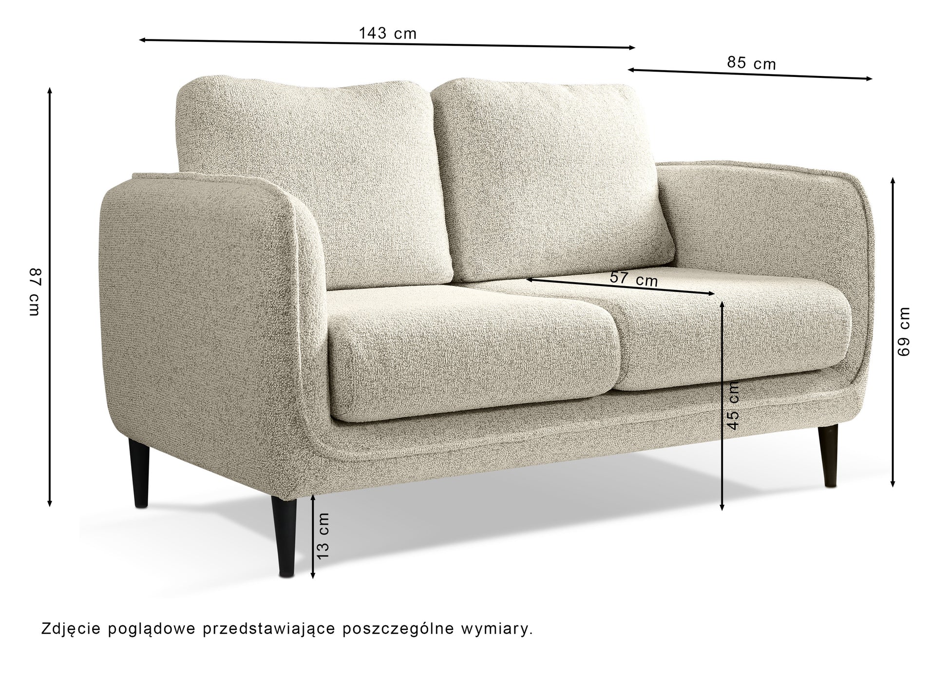 Rysunek wymiarowy - Kanapa Savio dwuosobowa jasnoszara: szerokość 143 cm, głębokość 85 cm, wysokość 87 cm
