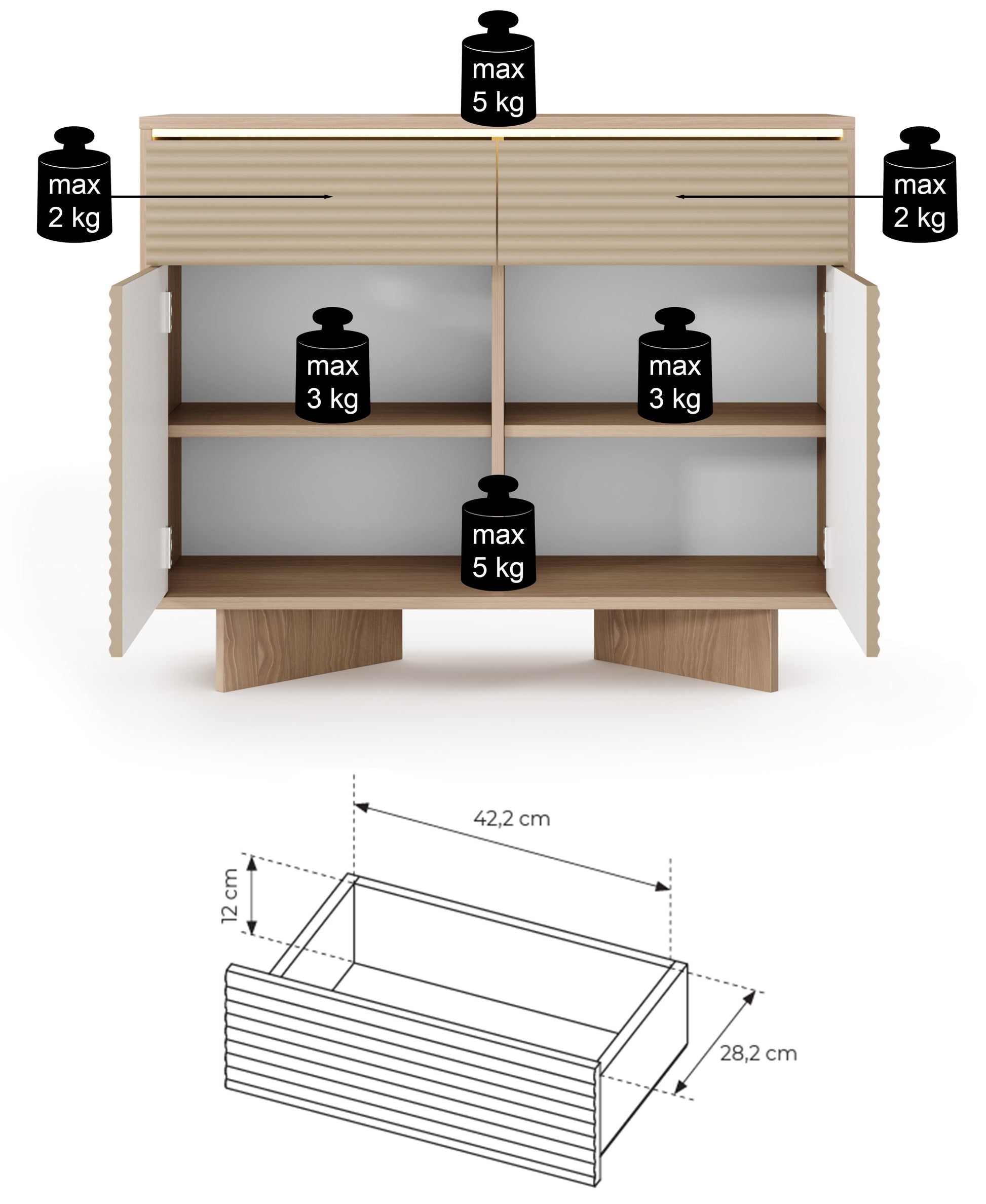Rysunek wymiarowy 3 - Komoda dwudrzwiowa Semi z dwiema szufladami i oświetleniem LED 104: szerokość 103,9 cm, głębokość 40 cm, wysokość 84,4 cm