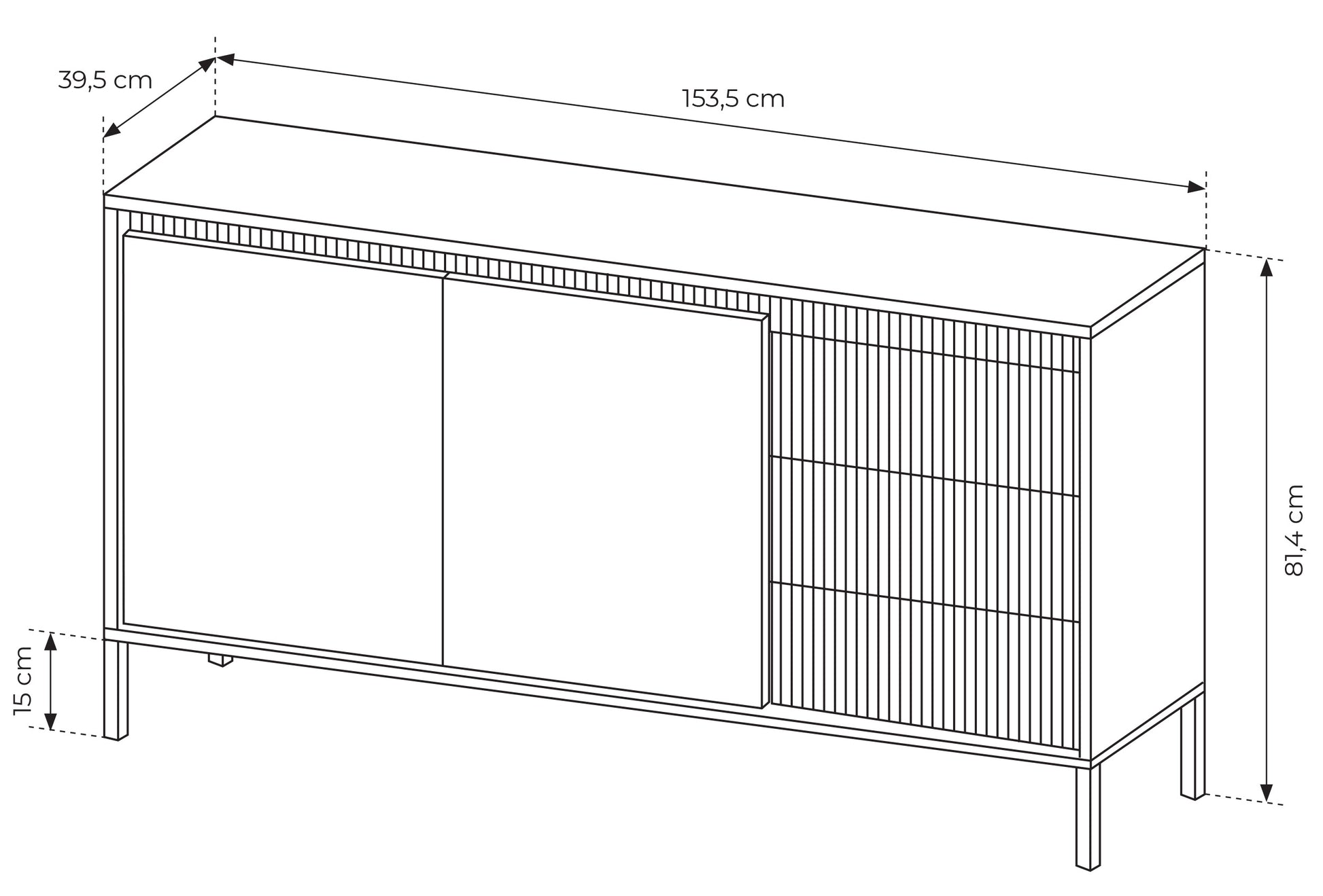 Rysunek wymiarowy - Komoda dwudrzwiowa Falsetto z ryflowanymi frontami i trzema szufladami 154: szerokość 153,5 cm, głębokość 39,5 cm, wysokość 81,4 cm
