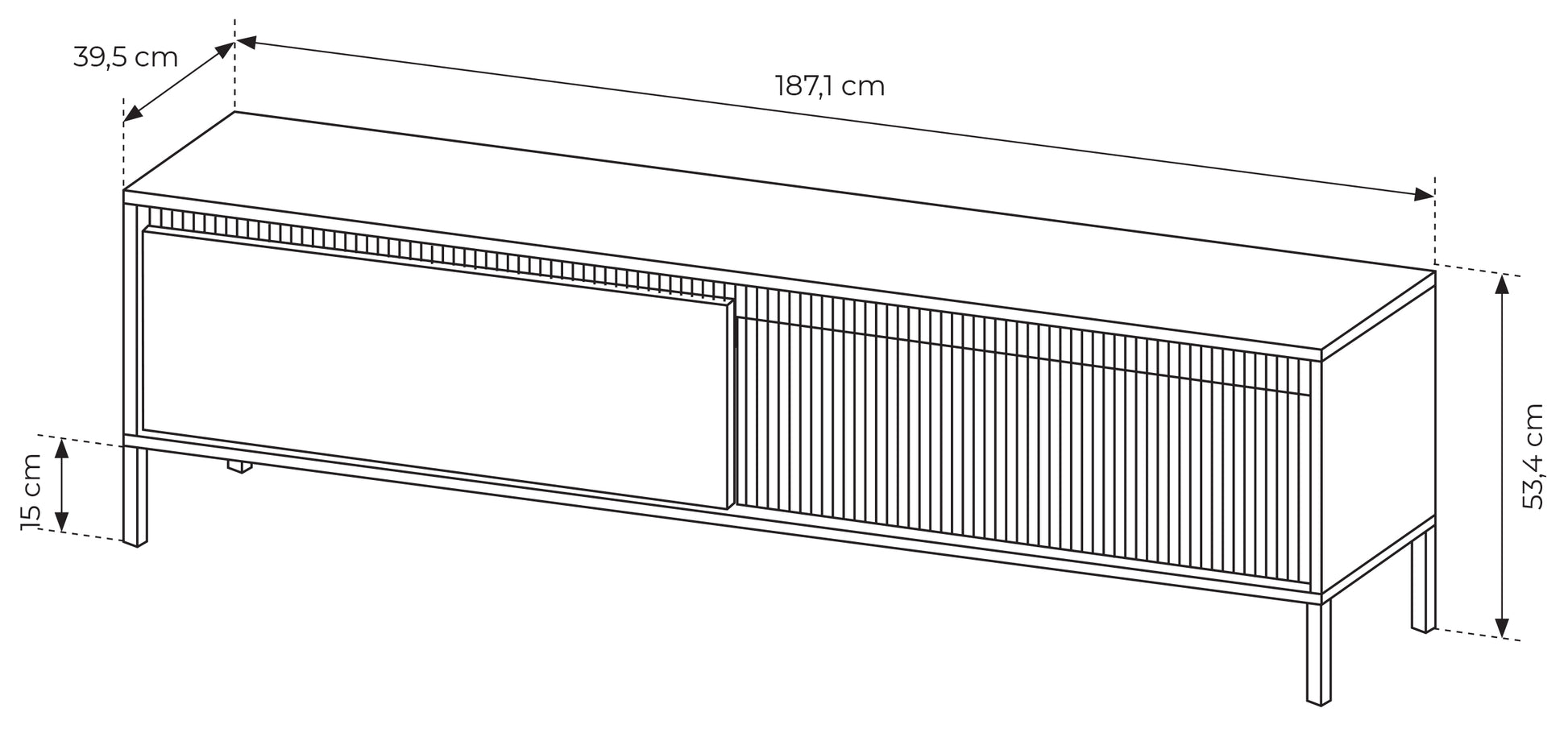 Rysunek wymiarowy - Szafka RTV Falsetto z ryflowanym frontem 187 cm czarna: szerokość 187,1 cm, głębokość 39,5 cm, wysokość 53,4 cm