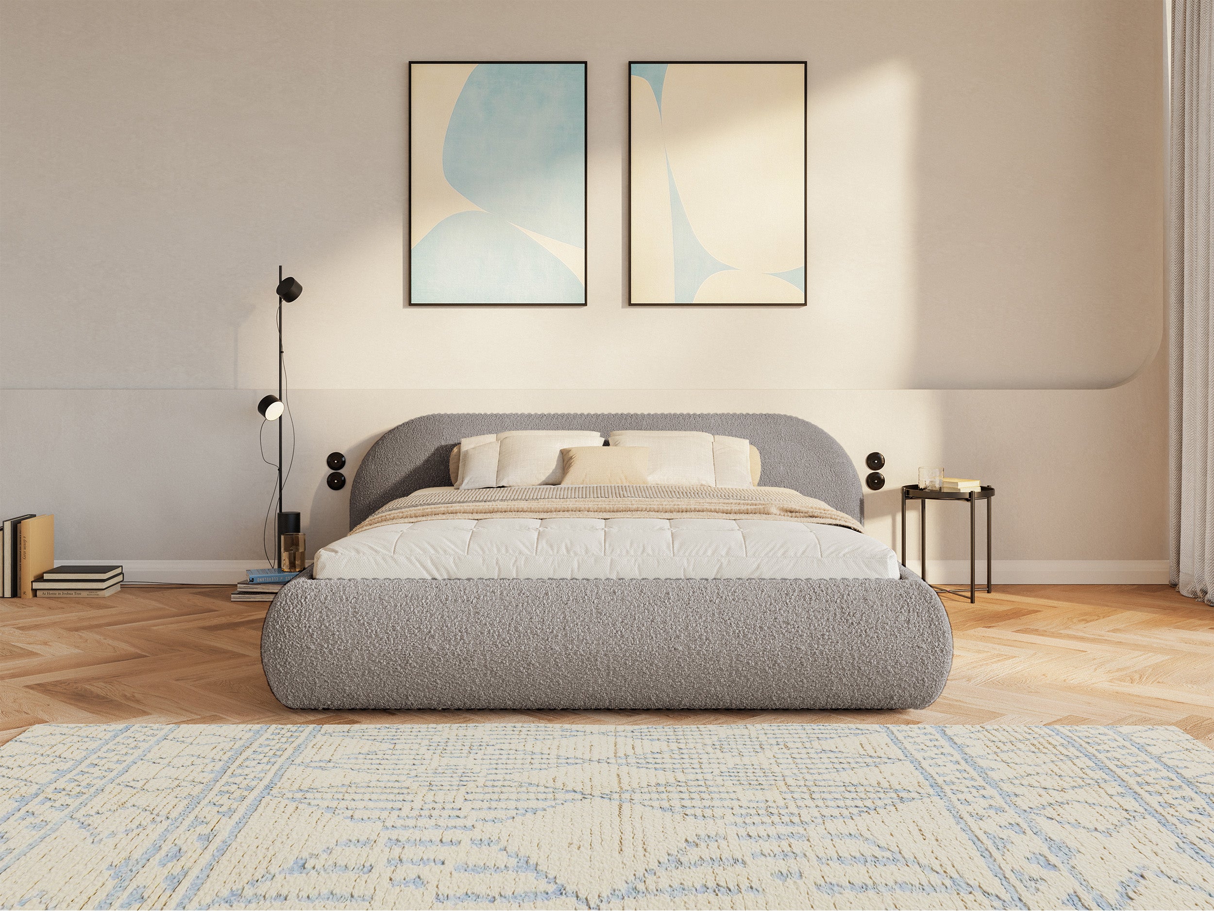 Łóżko tapicerowane 160x200 cm Shels Low z pojemnikiem stelaż metalowy szarobeżowe boucle