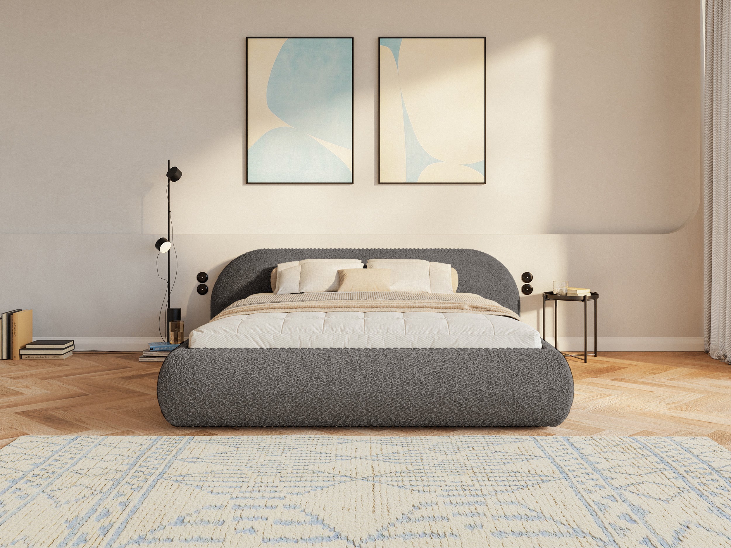 Łóżko tapicerowane 180x200 cm Shels Low z pojemnikiem stelaż metalowy brązowe boucle