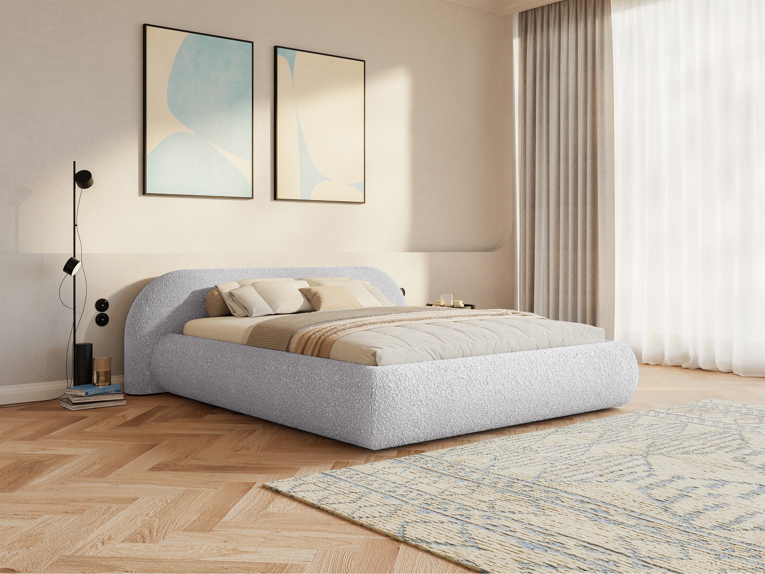 Łóżko tapicerowane 180x200 cm Shels Low jasnoszare boucle
